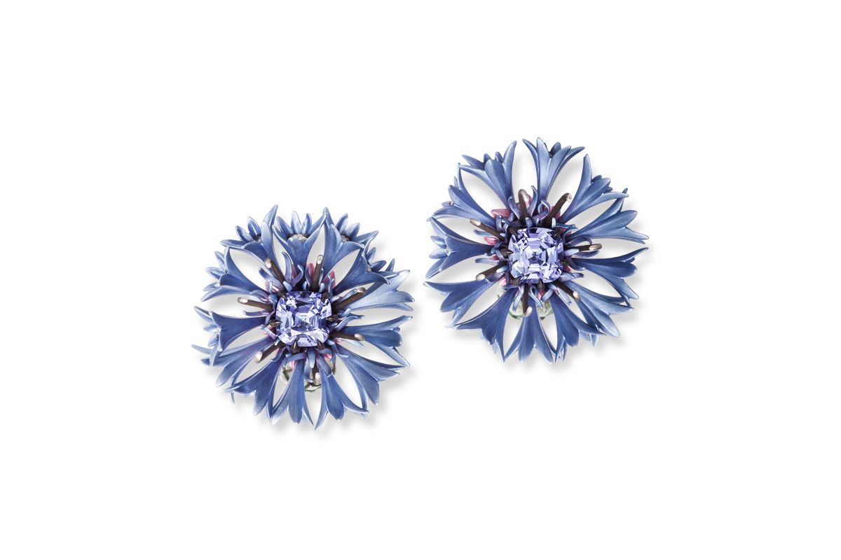 Hemmerle Infused Jewels Cornflower earrings in aluminium, silver, white gold, tanzanites and diamond