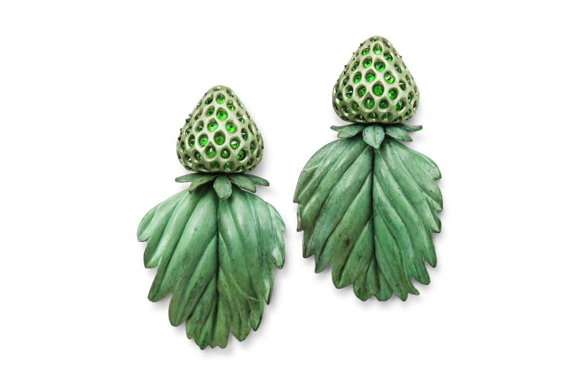  Hemmerle Infused Jewels Strawberry earrings in demantoid garnet, aluminium, copper and white gold