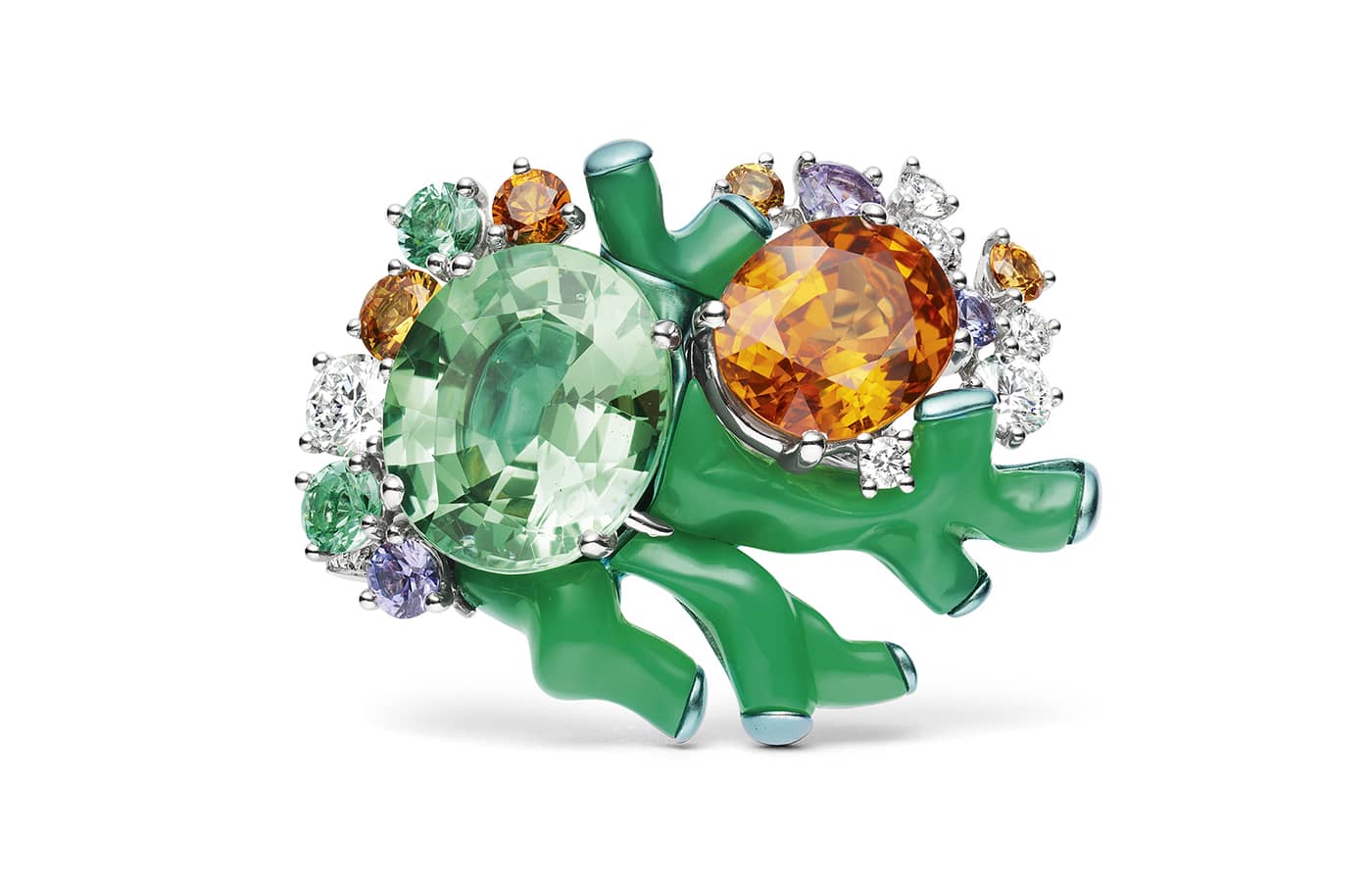 Chaumet Treasure Hunt ring in white gold, titanium, tsavorite garnet, mandarin garnet, purple sapphire, emerald and diamond from the Ondes et Merveilles High Jewellery collection