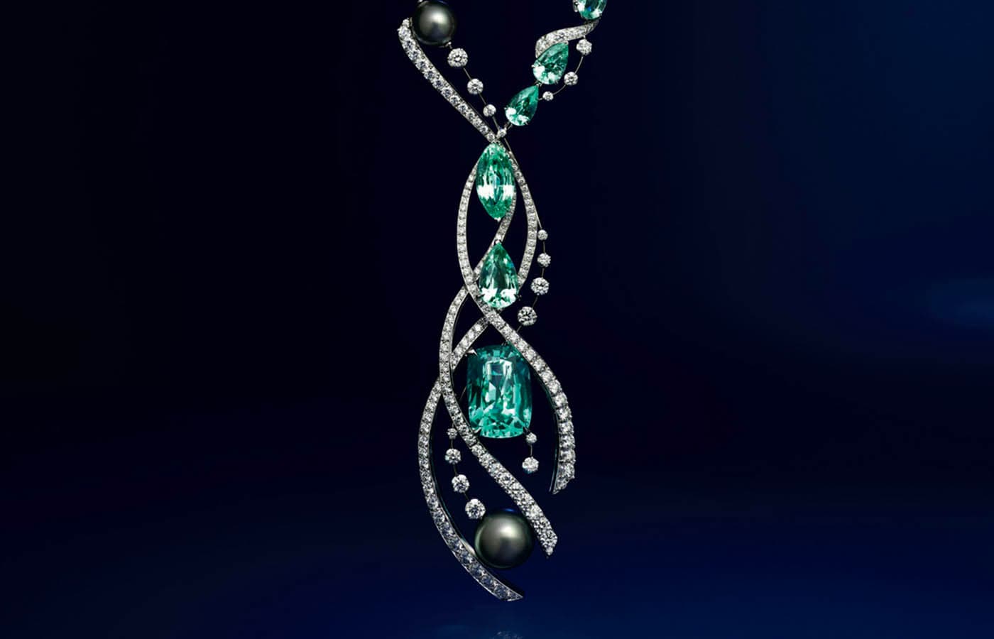 Chaumet Mermaids' Song necklace in white gold, green tourmaline, Tahitian grey pearls, Paraiba tourmaline and diamond from the Ondes et Merveilles High Jewellery collection