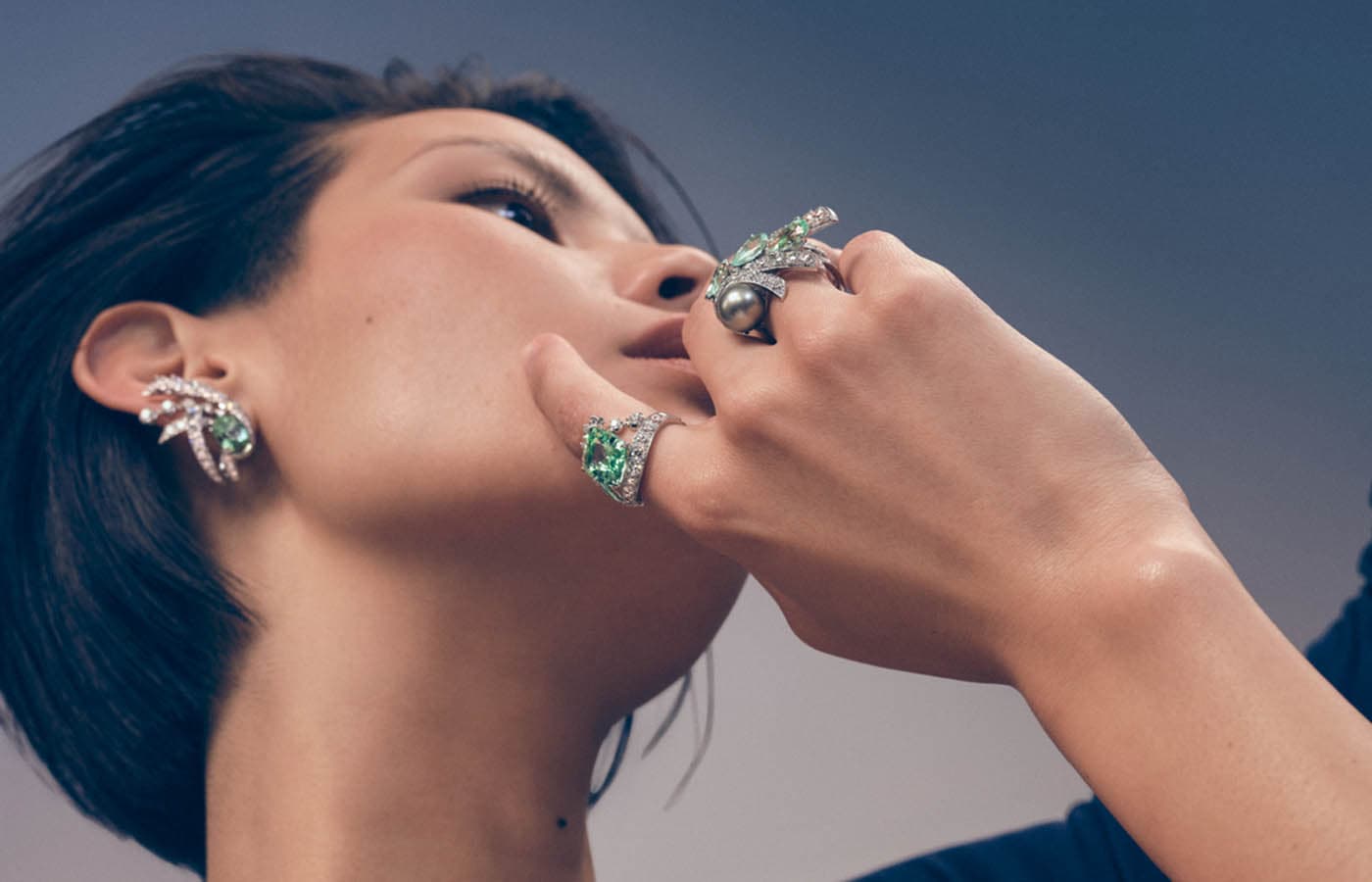 Chaumet Mermaids' Song rings in white gold, green tourmaline, Tahitian grey pearls, Paraiba tourmaline and diamond from the Ondes et Merveilles High Jewellery collection