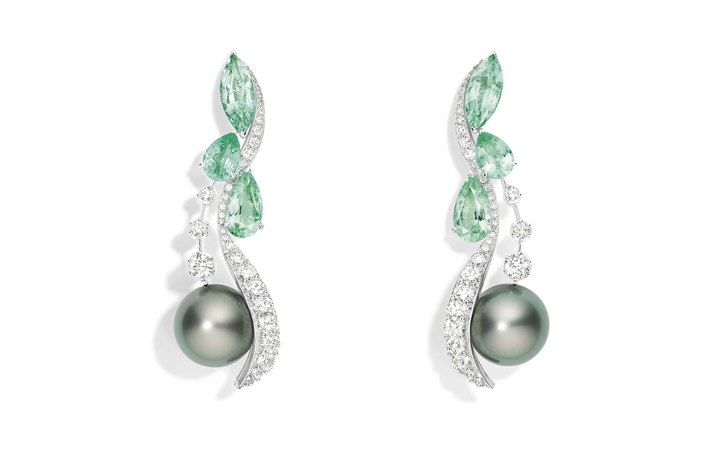 Chaumet Mermaids' Song earrings in white gold, green tourmaline, Tahitian grey pearls, Paraiba tourmaline and diamond from the Ondes et Merveilles High Jewellery collection