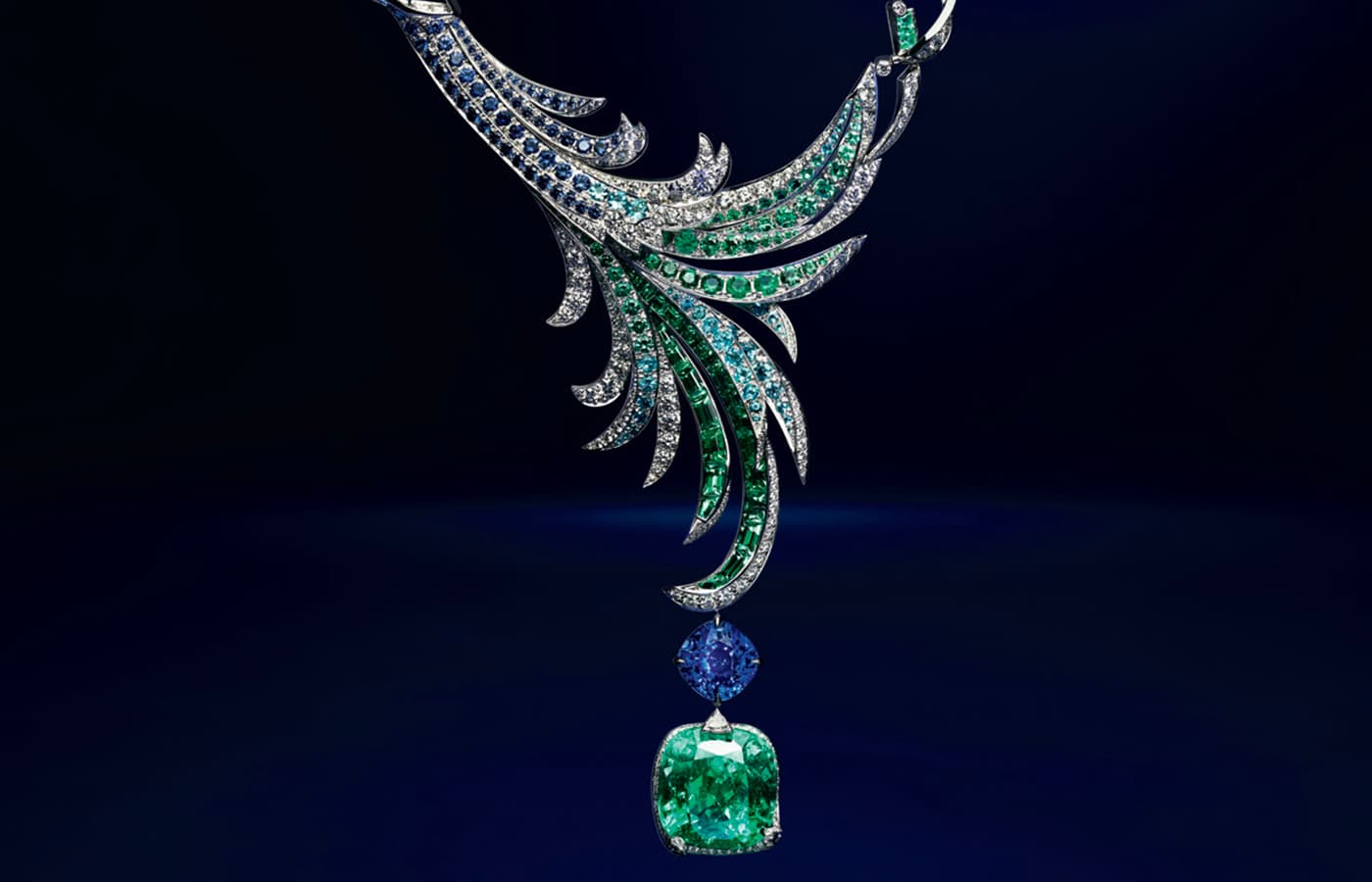 Chaumet Gulf Stream necklace in white gold, emerald, sapphire, Paraiba tourmaline and diamond from the Ondes et Merveilles High Jewellery collection