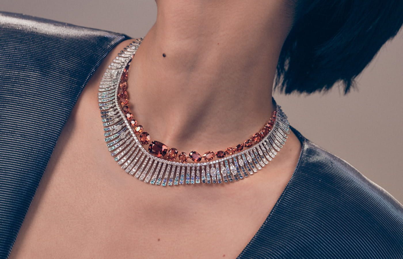 Chaumet Ports of Call necklace in white gold, pink gold, red spinel, Paraiba tourmaline, sapphire and diamond from the Ondes et Merveilles High Jewellery collection