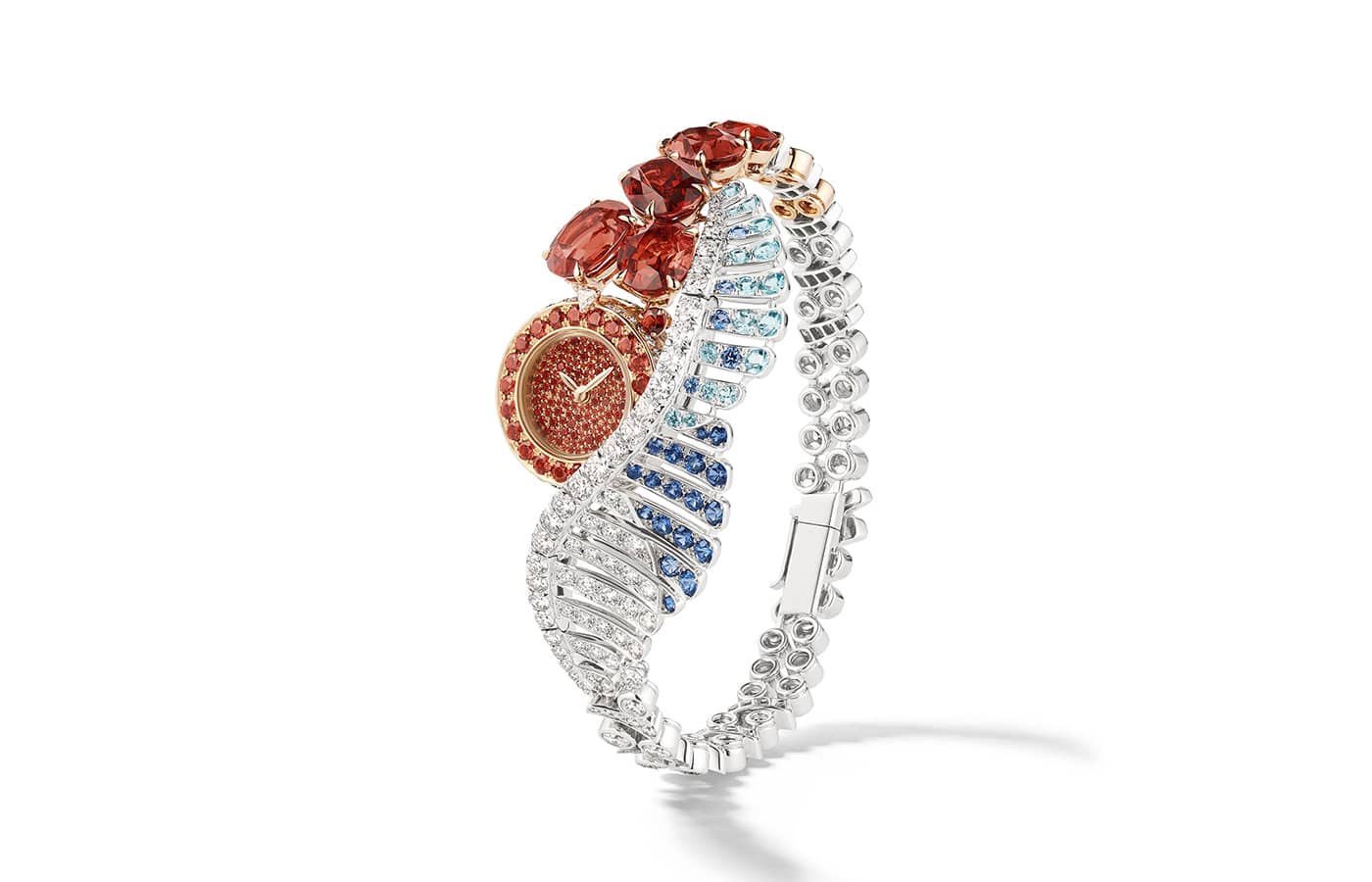 Chaumet Portes of Call watch in white gold, pink gold, spinel, garnet, Paraiba tourmaline and diamond from the Ondes et Merveilles High Jewellery collection