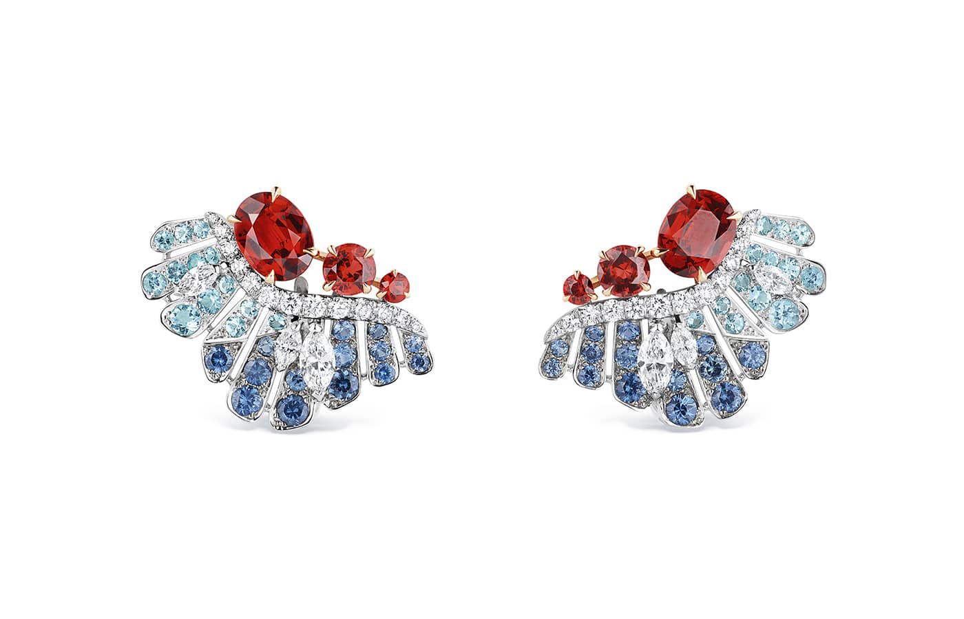 Chaumet Portes of Call earrings in white gold, pink gold, spinel, garnet, Paraiba tourmaline and diamond from the Ondes et Merveilles High Jewellery collection
