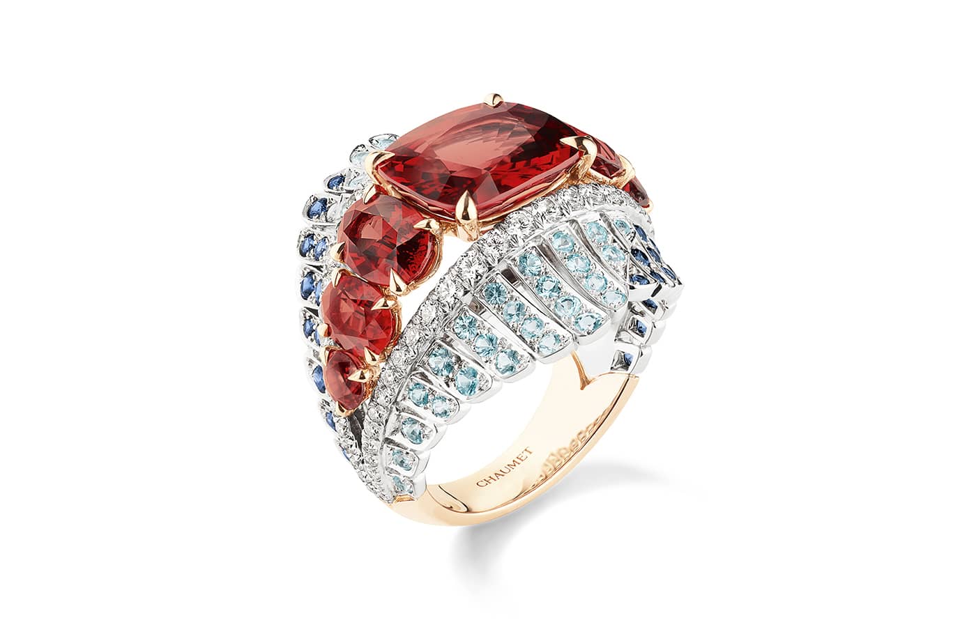 Chaumet Portes of Call ring in white gold, pink gold, spinel, garnet, Paraiba tourmaline and diamond from the Ondes et Merveilles High Jewellery collection