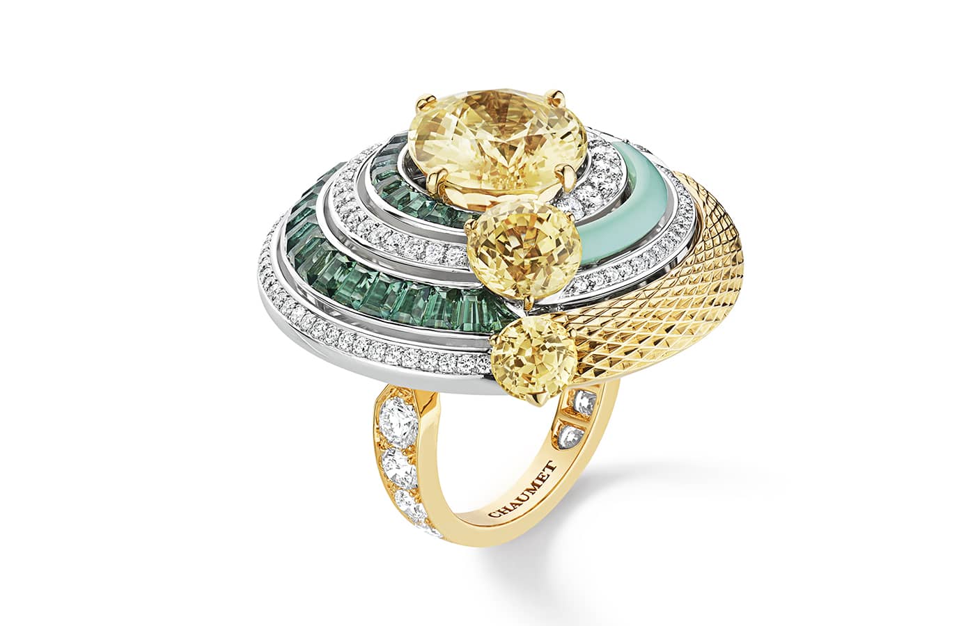 Chaumet Under The Sun ring in yellow gold, white gold, sapphire, chrysoprase, tourmaline and diamond from the Ondes et Merveilles High Jewellery collection