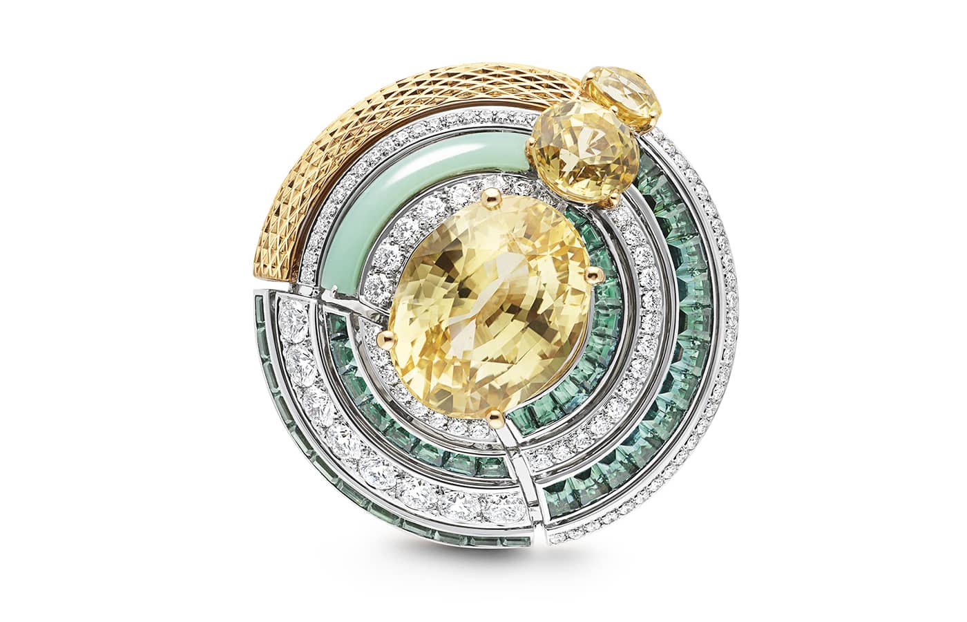 Top view of Chaumet Under The Sun ring in yellow gold, white gold, sapphire, chrysoprase, tourmaline and diamond from the Ondes et Merveilles High Jewellery collection 