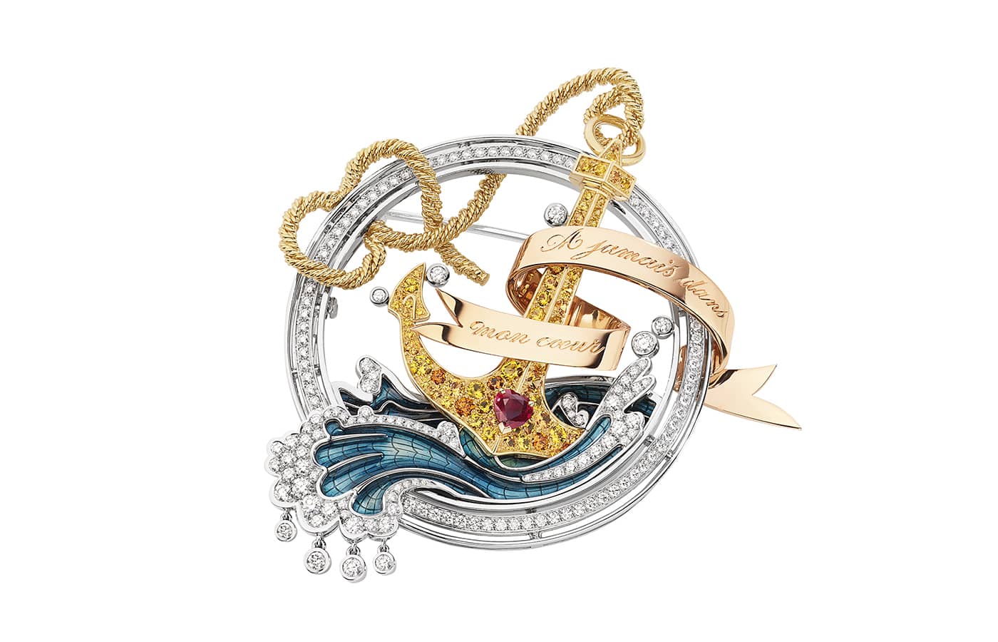  Chaumet Ondes et Merveilles de Chaumet Encres transformable brooch iin white, pink & yellow gold, set with a heart- shaped ruby, round sapphires & spessartite garnets, Grand Feu enamel and brilliant-cut diamonds