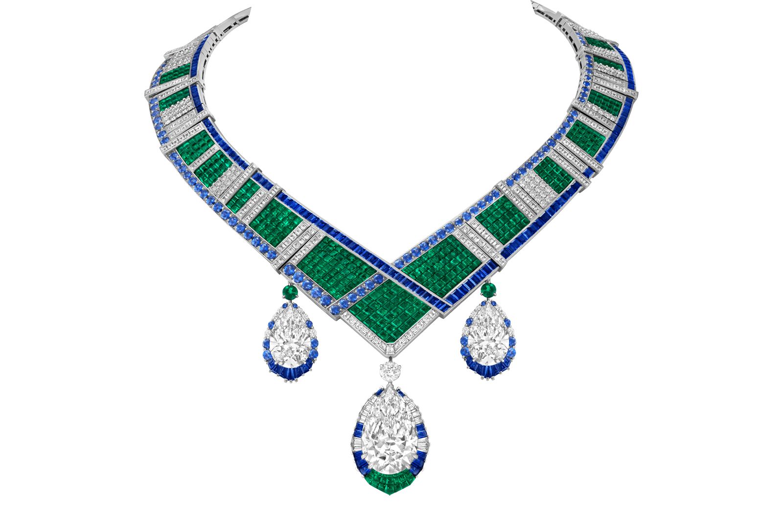  Van Cleef & Arpels sapphire, emerald and diamond Chevron Mysterieux necklace from the Legend of Diamonds Chapter I Collection 