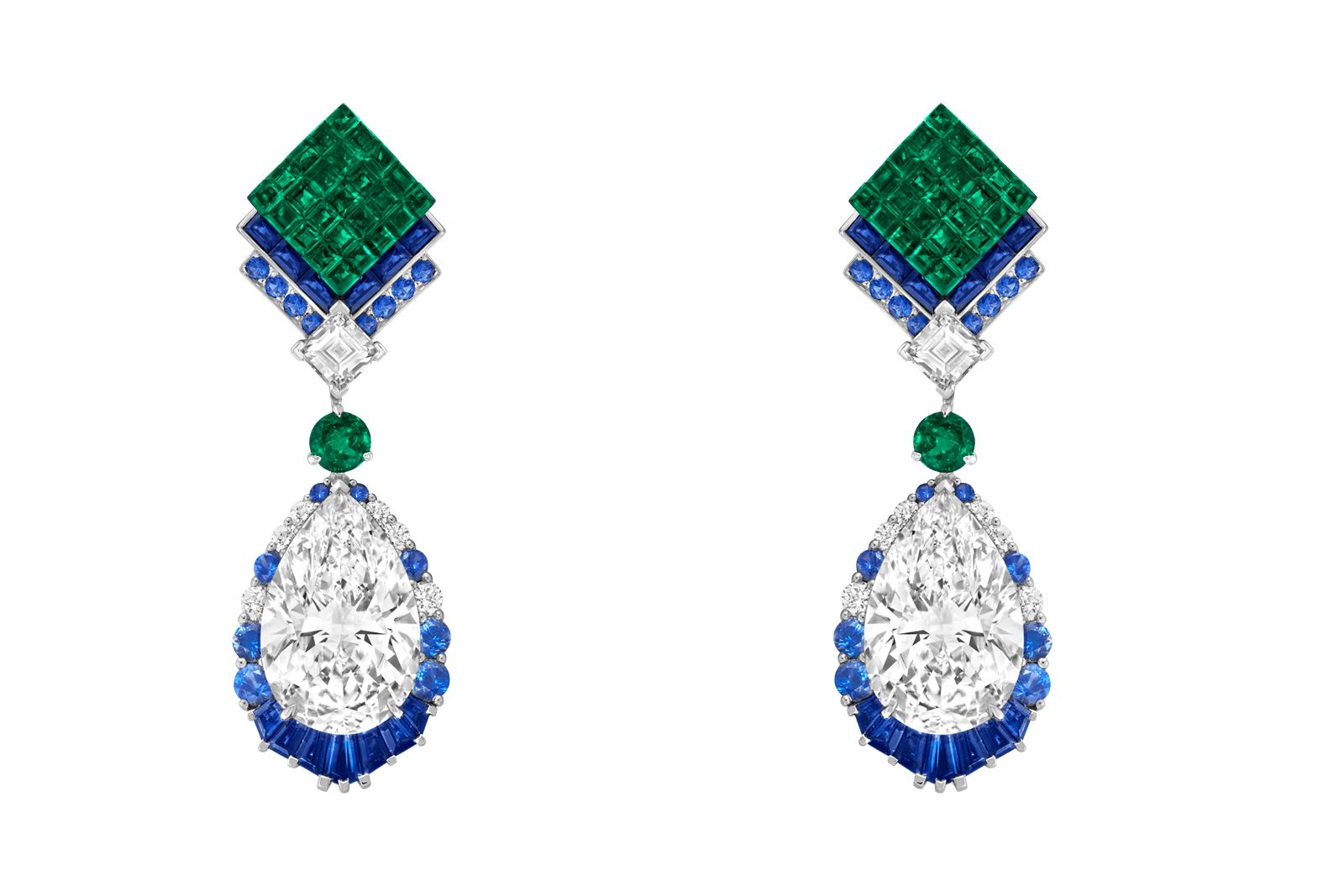  Van Cleef & Arpels sapphire, emerald and diamond Chevron Mysterieux earrings from the Legend of Diamonds Chapter I Collection 
