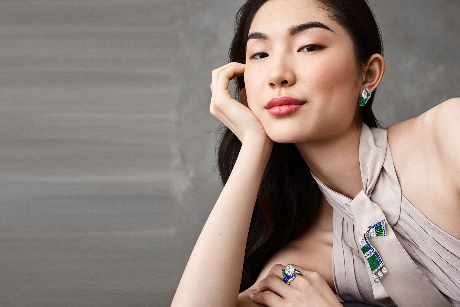  Van Cleef & Arpels sapphire, emerald and diamond Tissage Mysterieux High Jewellery earrings, ring and brooch from the Legend of Diamonds Chapter I Collection 