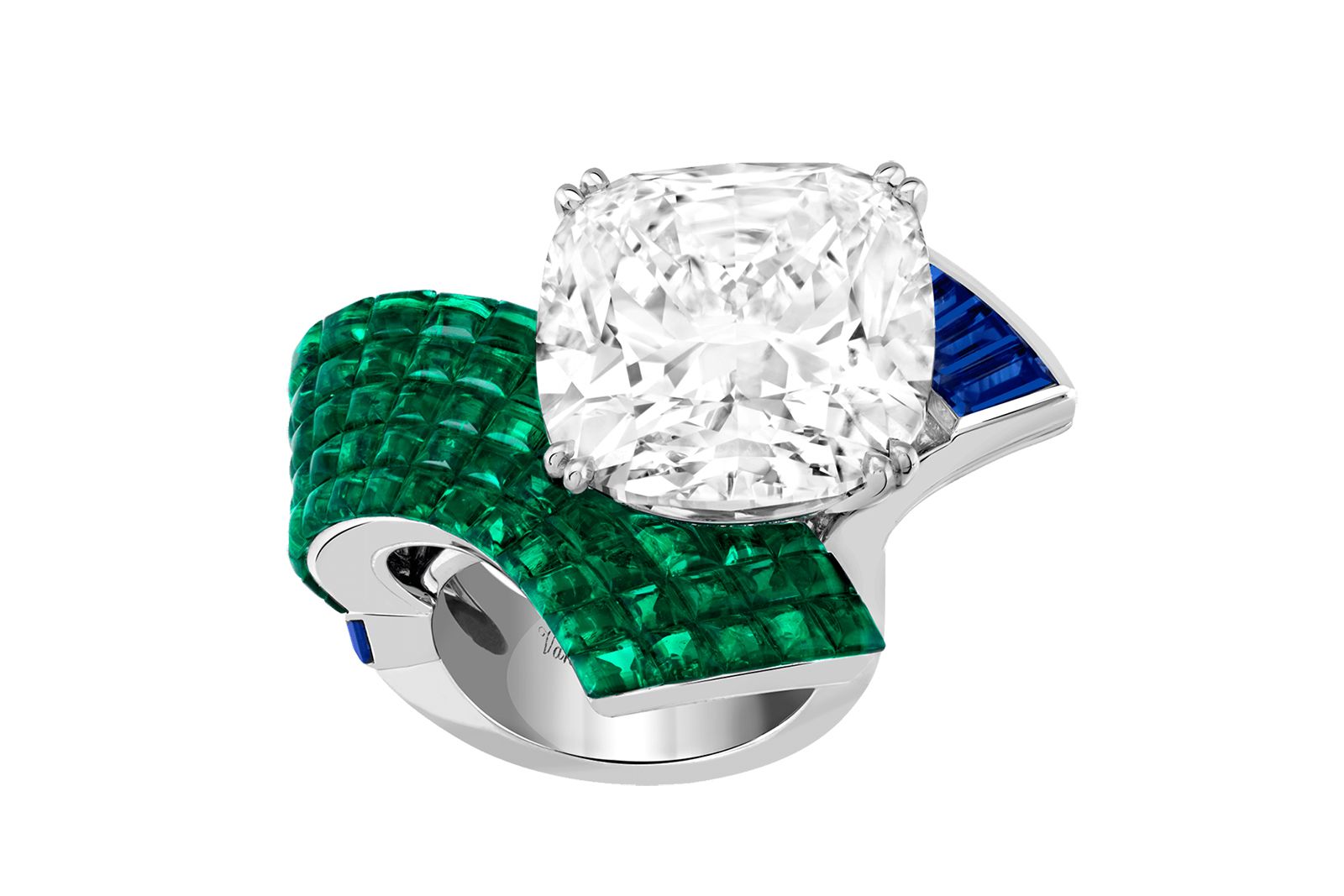  Van Cleef & Arpels sapphire, emerald and diamond Echo Mysterieux High Jewellery ring from the Legend of Diamonds Chapter I Collection 
