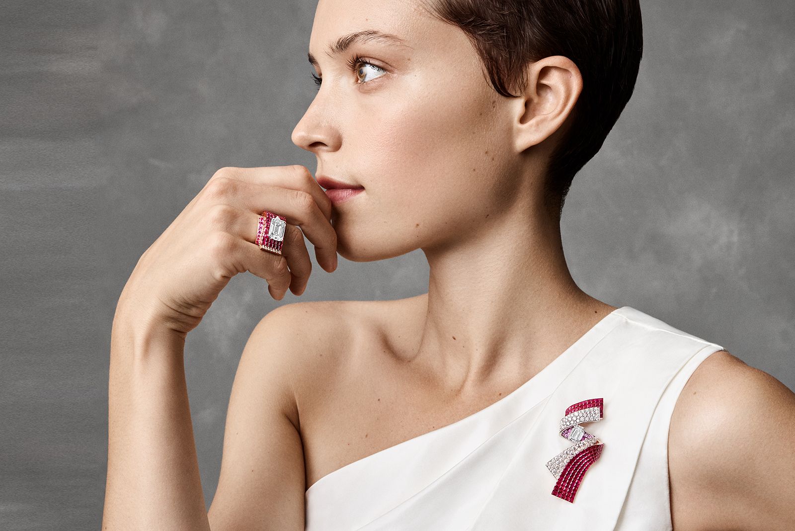  Van Cleef & Arpels white gold, ruby and diamond brooch and ring from the  Legend of Diamonds Chapter I High Jewellery collection