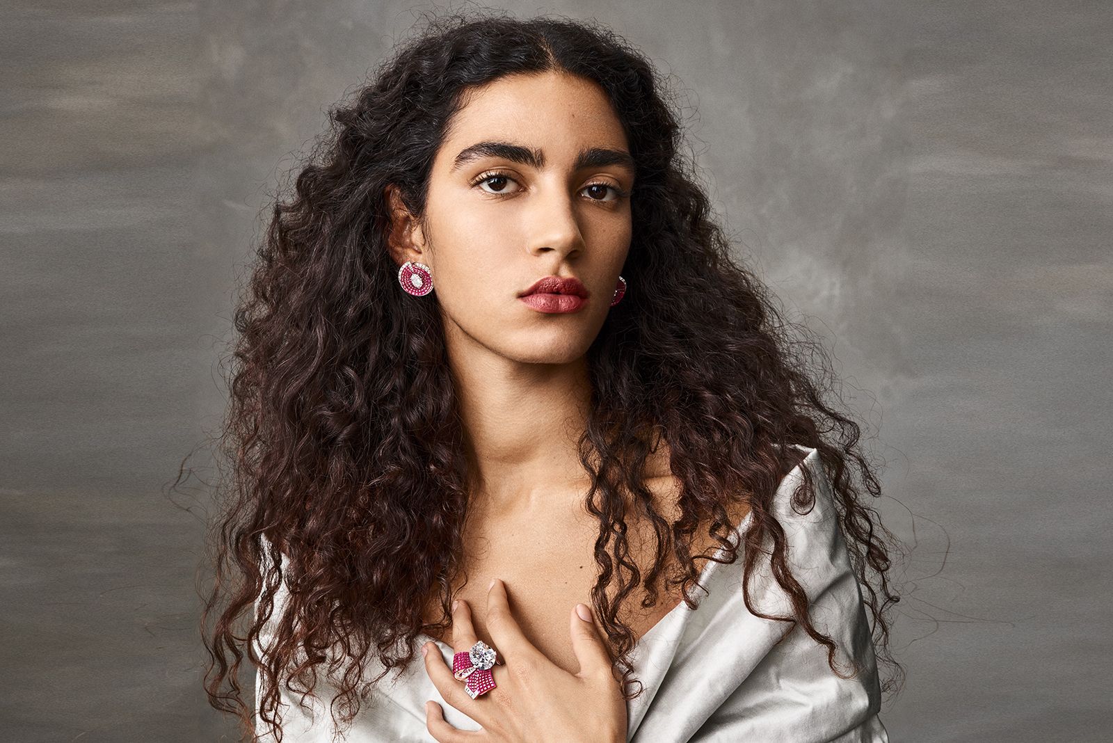 Van Cleef & Arpels white gold, ruby and diamond earrings and ring from the  Legend of Diamonds Chapter I High jewellery collection