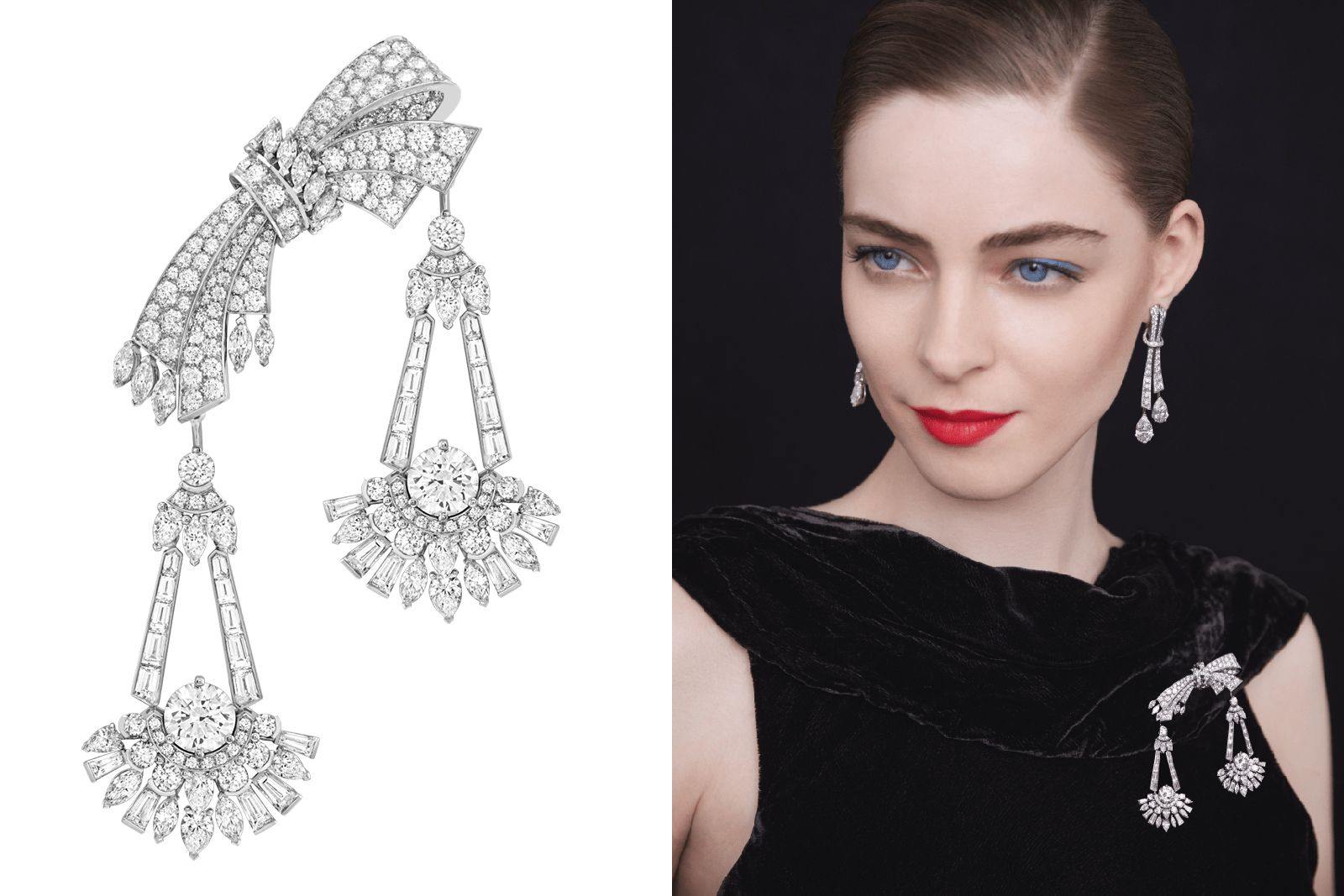 Van Cleef & Arpels diamond transformable Chandelier earrings and brooch and Dear Liz earrings from the Legend of Diamonds Chapter II High Jewellery collection