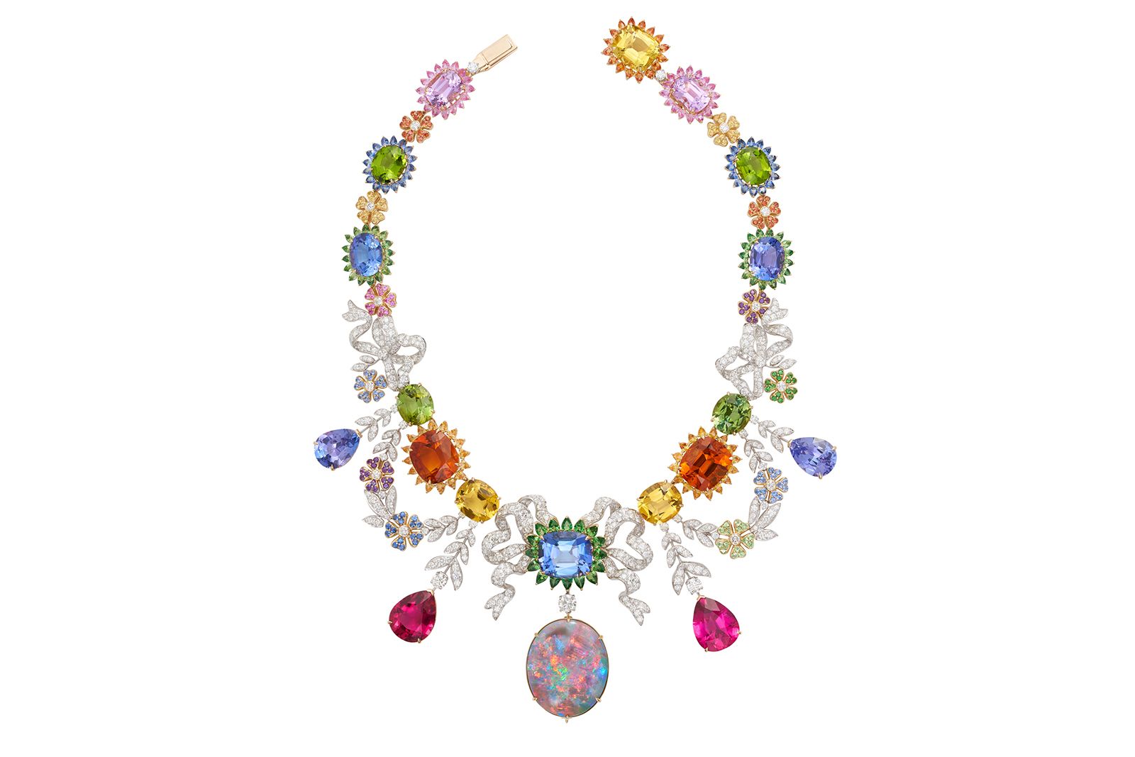  Margot McKinney yellow gold, white gold, Australian Black opal, tanzanite, rubelite, mandarin garnet, beryl, peridot, tourmaline, citrine, kunzite and diamond Lillian transformable necklace 