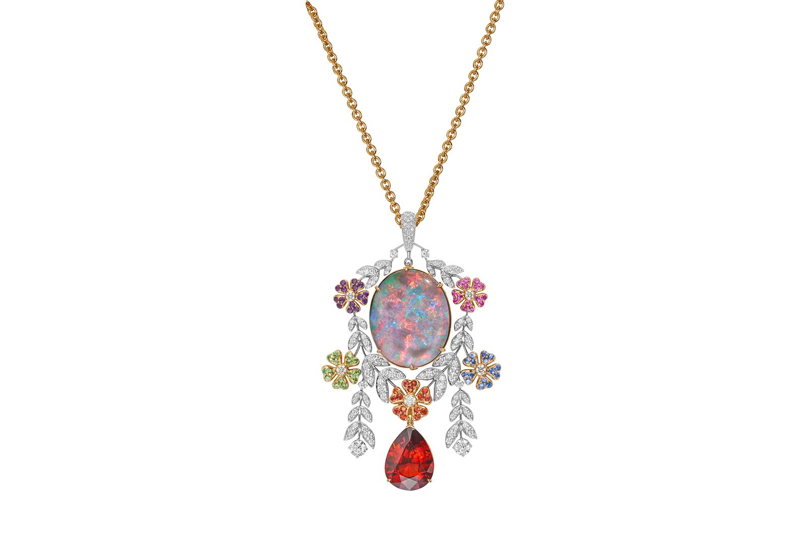  Margot McKinney yellow gold, white gold, Australian Black opal, tanzanite, rubelite, mandarin garnet, beryl, peridot, tourmaline, citrine, kunzite and diamond Lillian transformable necklace 