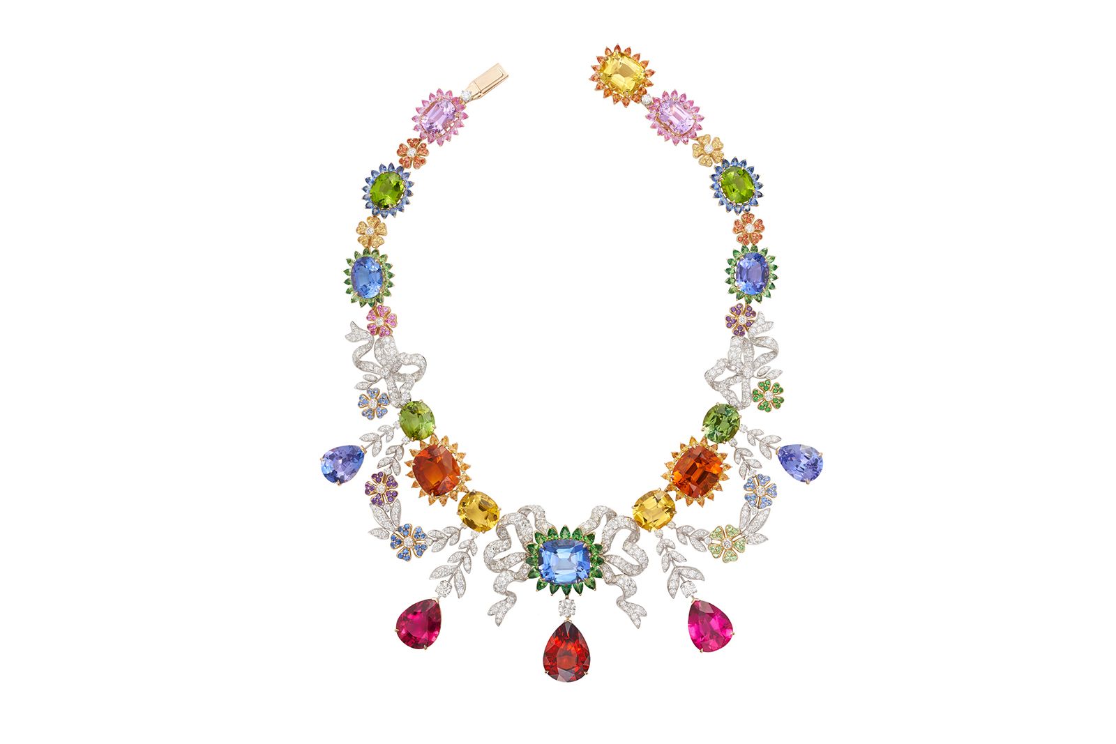  Margot McKinney yellow gold, white gold, Australian Black opal, tanzanite, rubelite, mandarin garnet, beryl, peridot, tourmaline, citrine, kunzite and diamond Lillian transformable necklace 