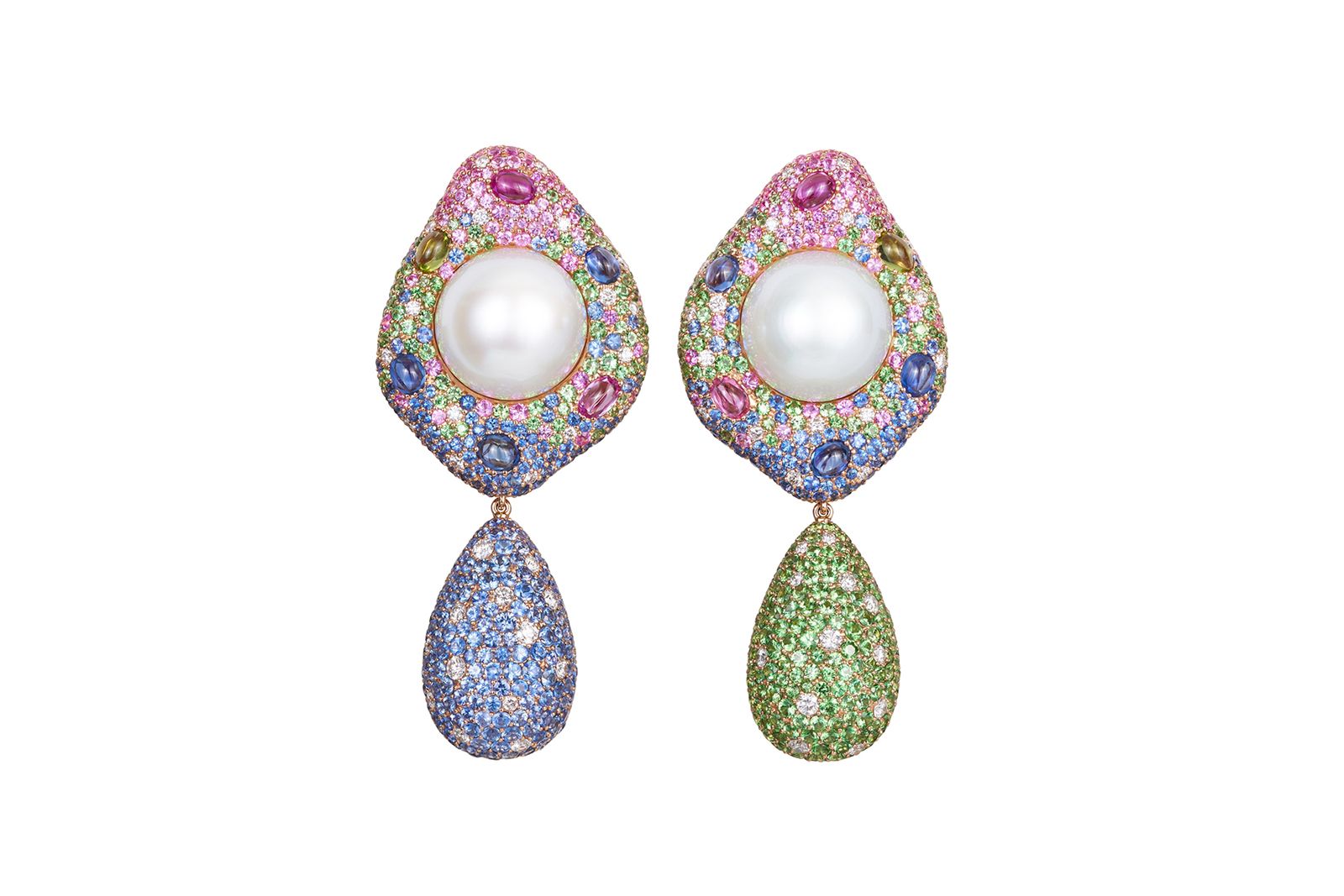  Margot McKinney rose gold, Australian South Sea pearl, sapphire, tsavorite, peridot and diamond Magnificent Pearl earrings 