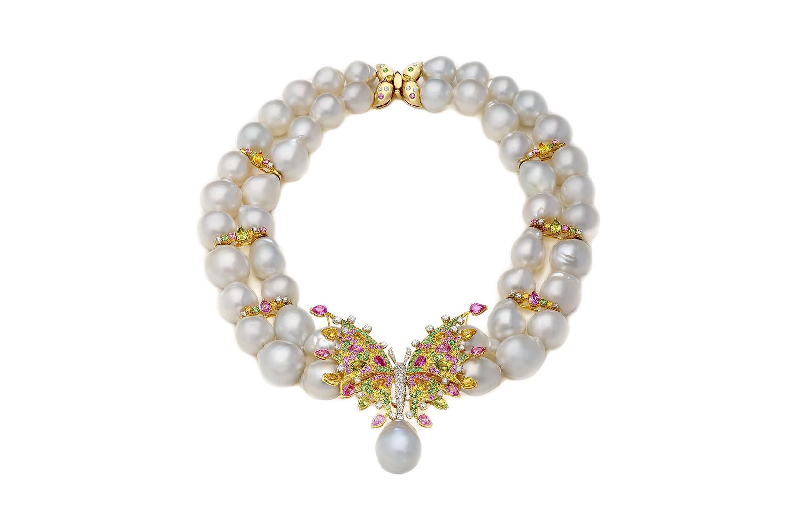  Margot McKinney Australian South Sea pearls, sapphire, stacorite, peridot and diamond Butterfly necklace