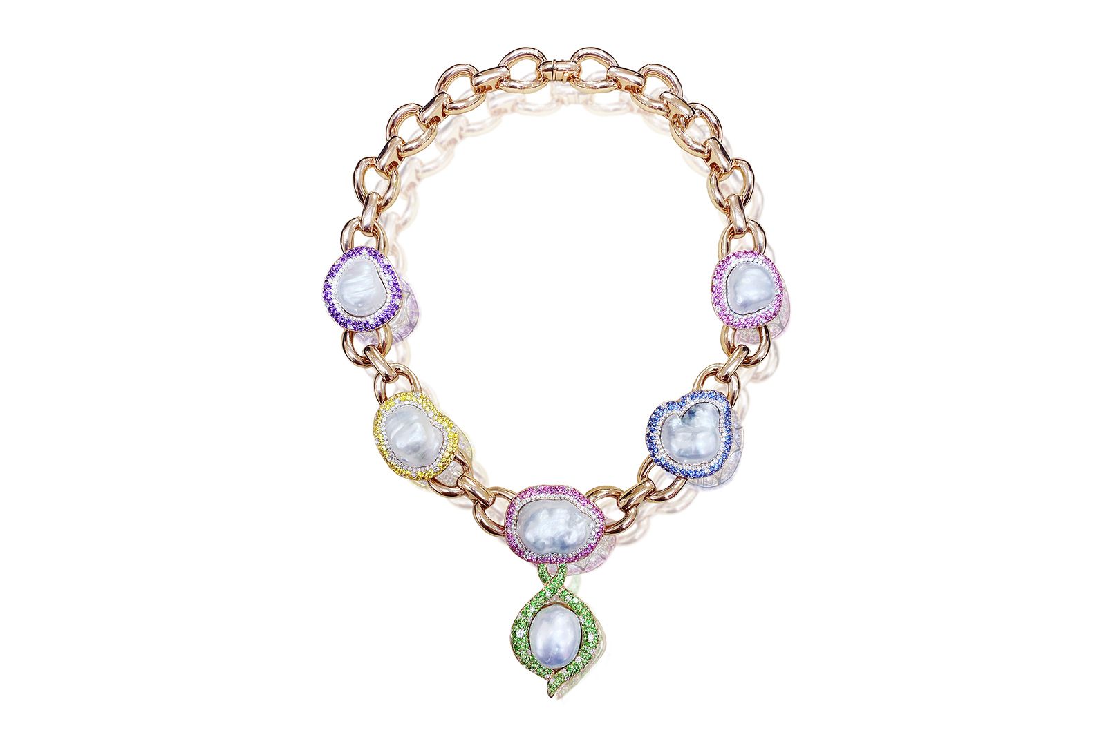  Margot McKinney rose gold, baroque australian South Sea pearls, tsavorite, amethyst, sapphire and diamond Magnificent Pearl necklace 