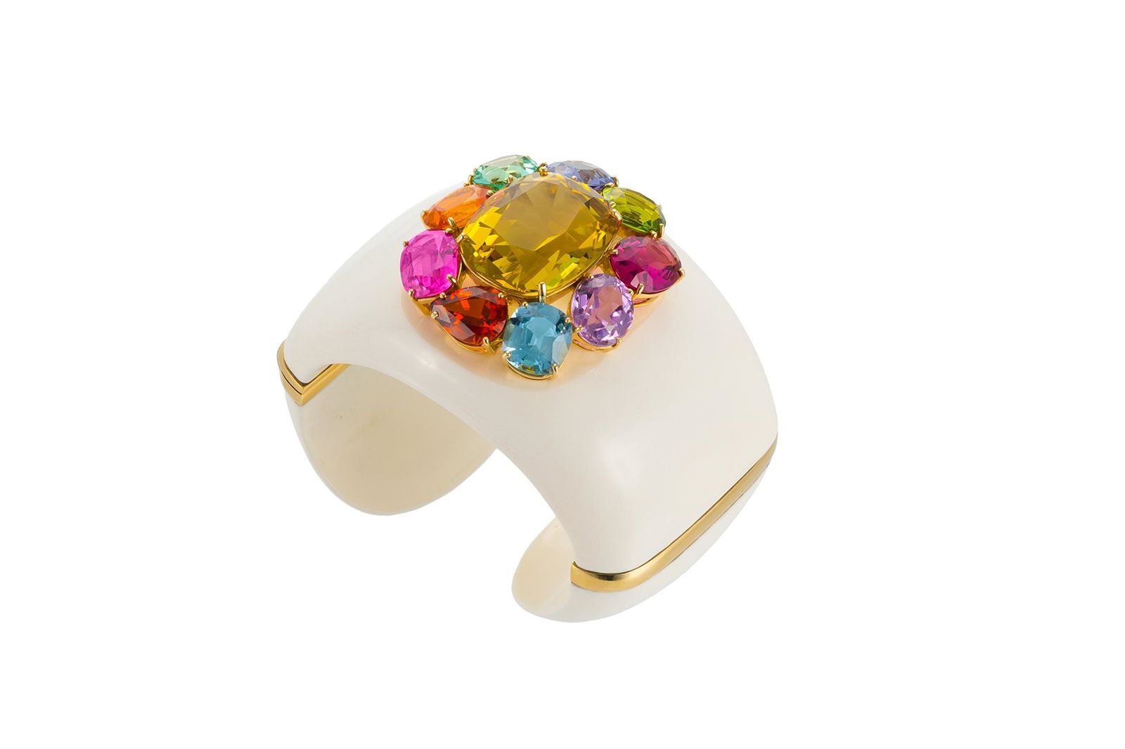  Margot McKinney yellow gold, beryl, peridot, rubellite, kunzite, aquamarine, mandarin garnet, tourmaline and tanzanite Ivory Cuff 