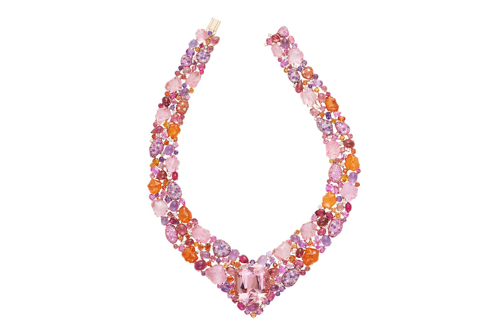 Margot McKinney rose gold, morganite, mandarin garnet, sapphire, amethyst and tourmaline necklace