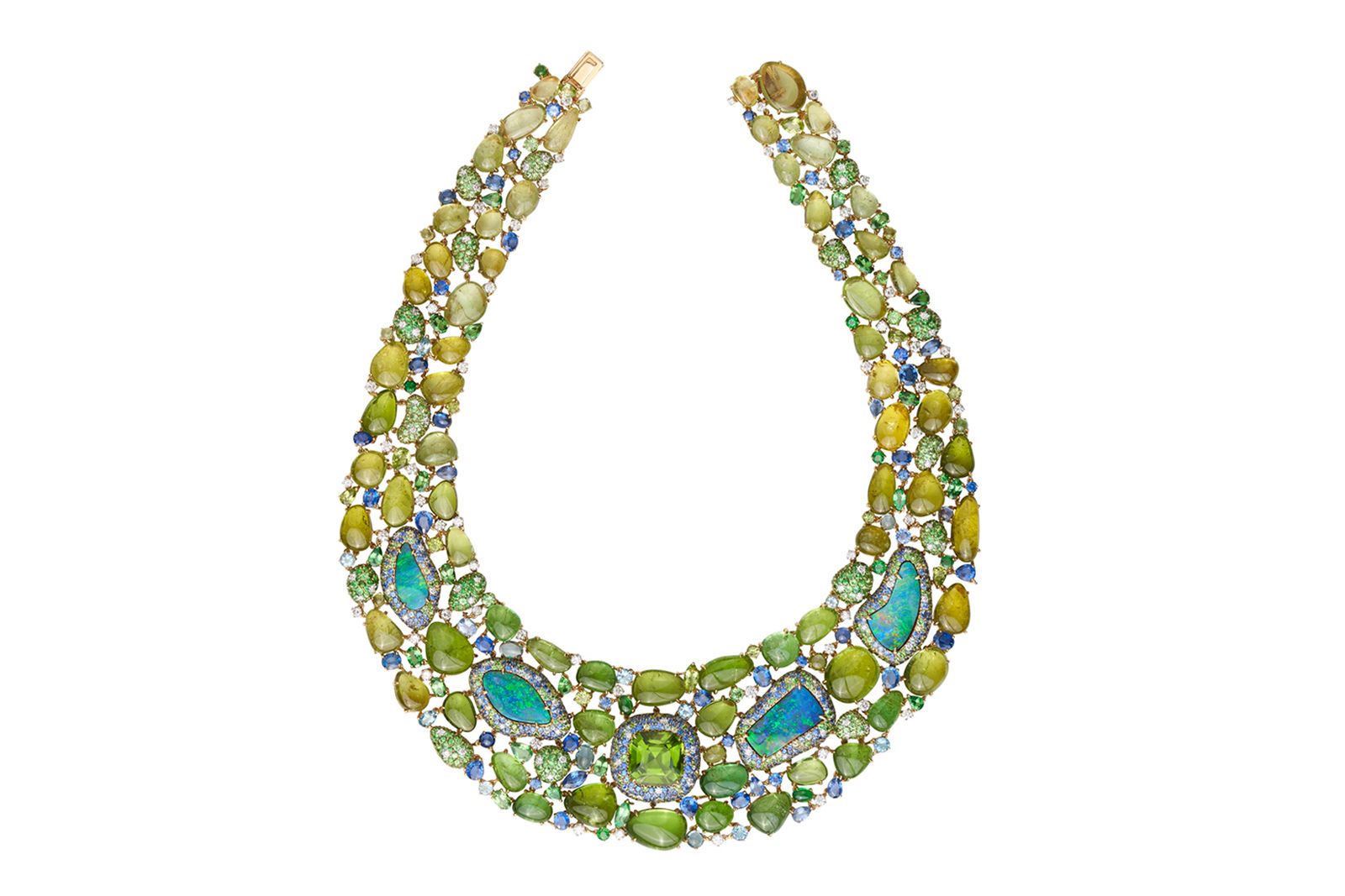 Margot McKinney yellow gold, Paraiba tourmaline, peridot, Australian Lightning Ridge Opal, tsavorite, sapphire, aquamarine and diamond Paraiba Reef Collier necklace