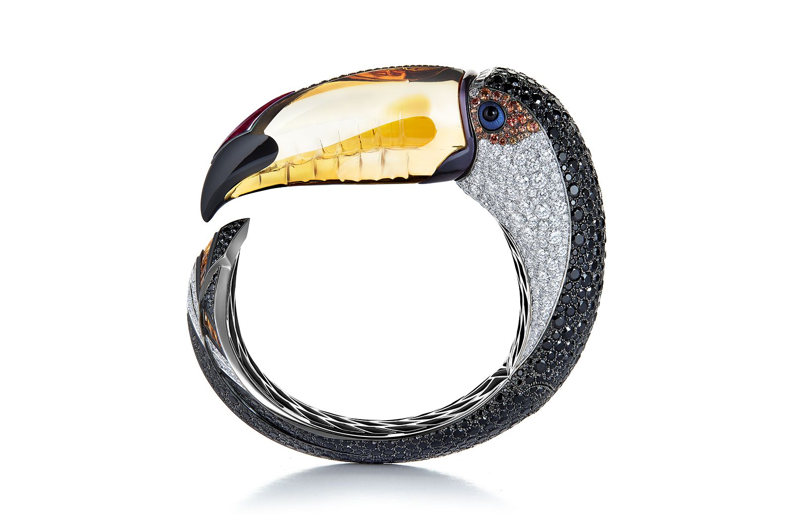 Boucheron citrine, rubellite, spinel and titanium Toucan bracelet from the Carte Blanche Ailleurs High Jewellery collection