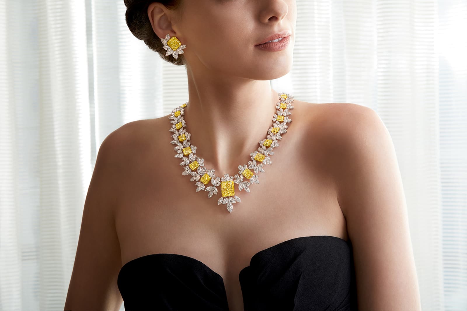 Ronald Abram yellow and white diamond necklace and earrings set