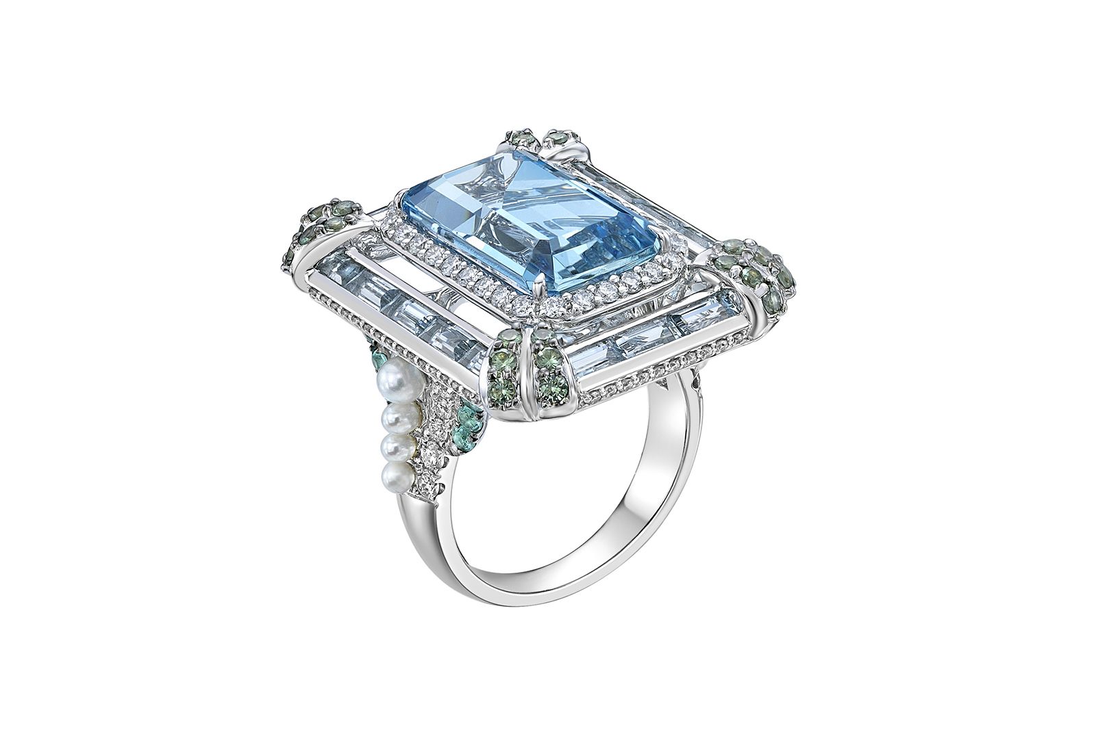 Sunita Nahata Blue Lagoon ring with a 7.65 carat Santa Maria aquamarine, alexandrites, Paraiba tourmalines, pearls and diamonds in 18k white gold from the Blue Planet II collection