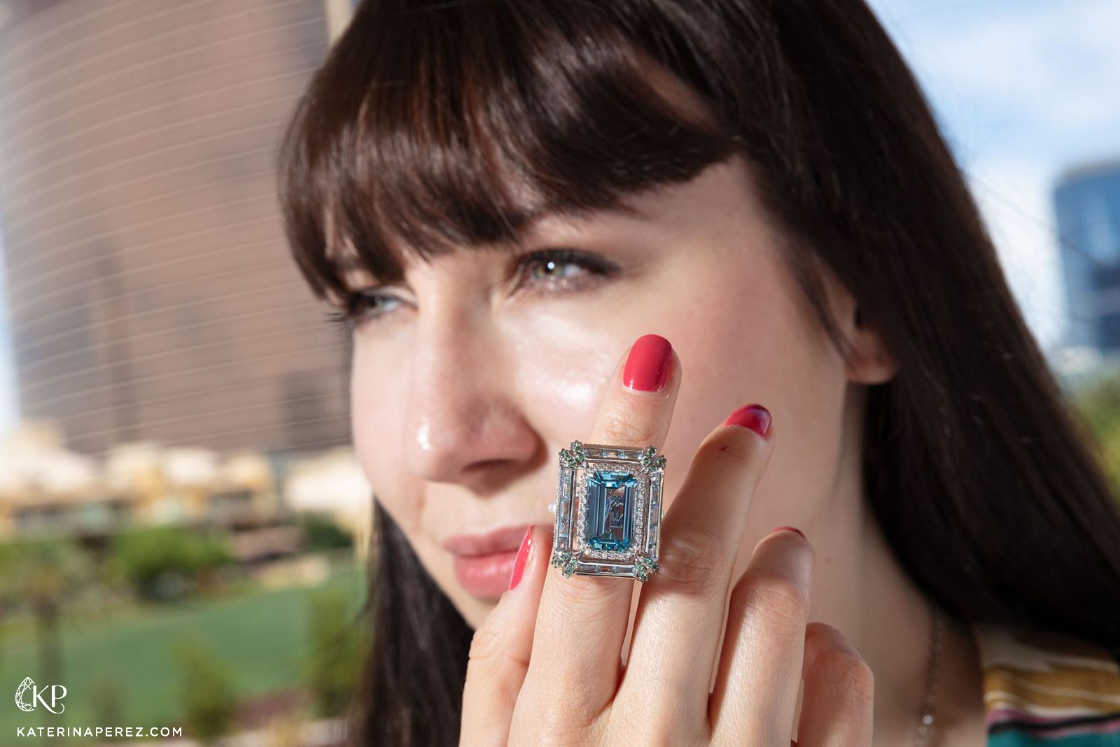  Katerina Perez wears the Sunita Nahata Blue Lagoon ring with a 7.65 carat Santa Maria aquamarine, alexandrites, Paraiba tourmalines, pearls and diamonds in 18k white gold from the Blue Planet II collection