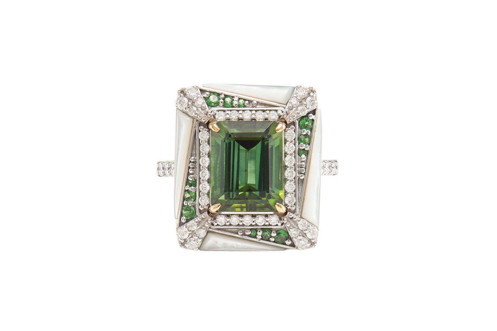  Sunita Nahata ring with a 7.24 carat green tourmaline, tsavorites, mother of pearl and diamonds in 18k white and yellow gold from the Mystic Green Tourmaline collection