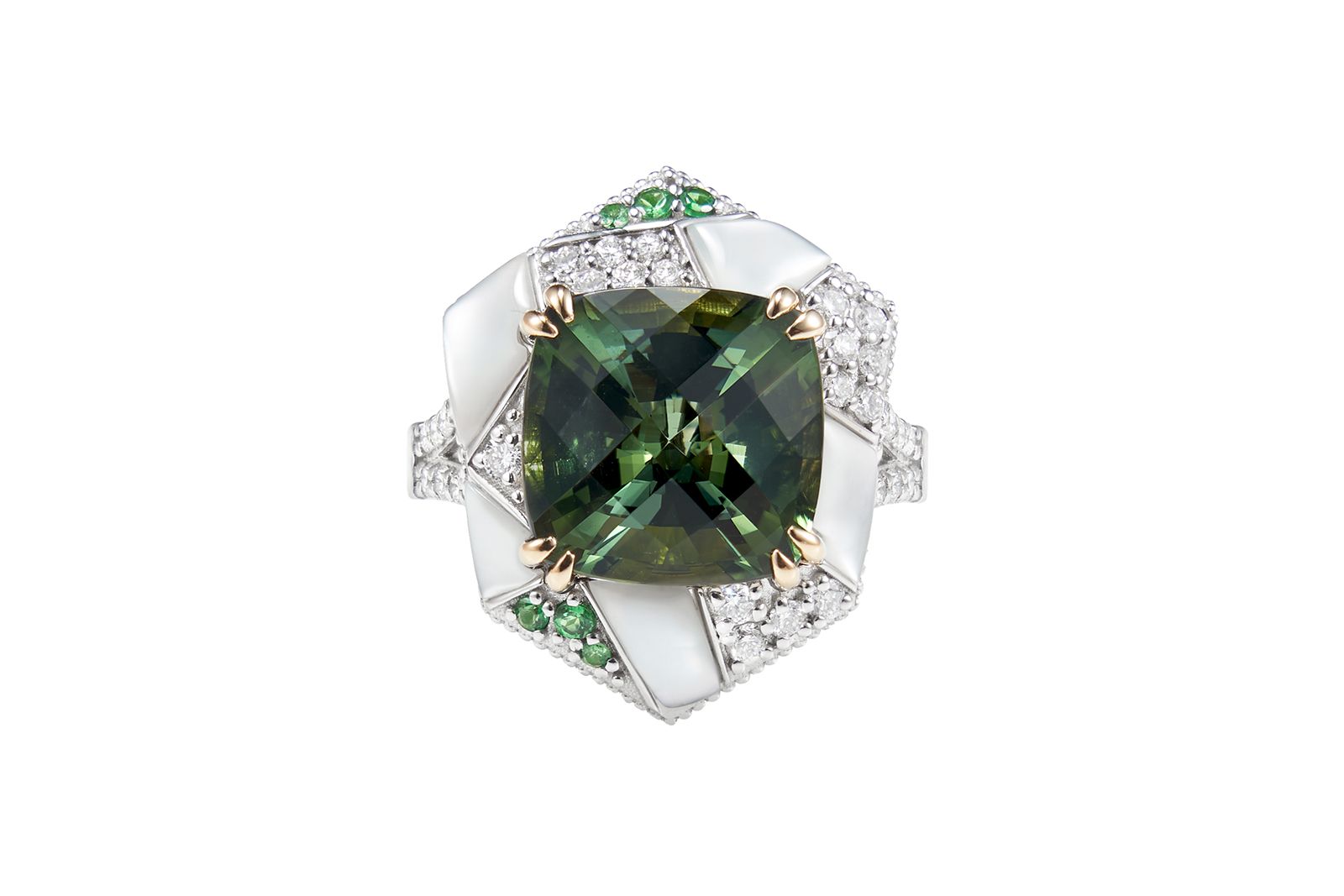  Sunita Nahata ring with a 7.77 carat green tourmaline, tsavorites, mother of pearl and diamonds in 18k white and yellow gold from the Mystic Green Tourmaline collection