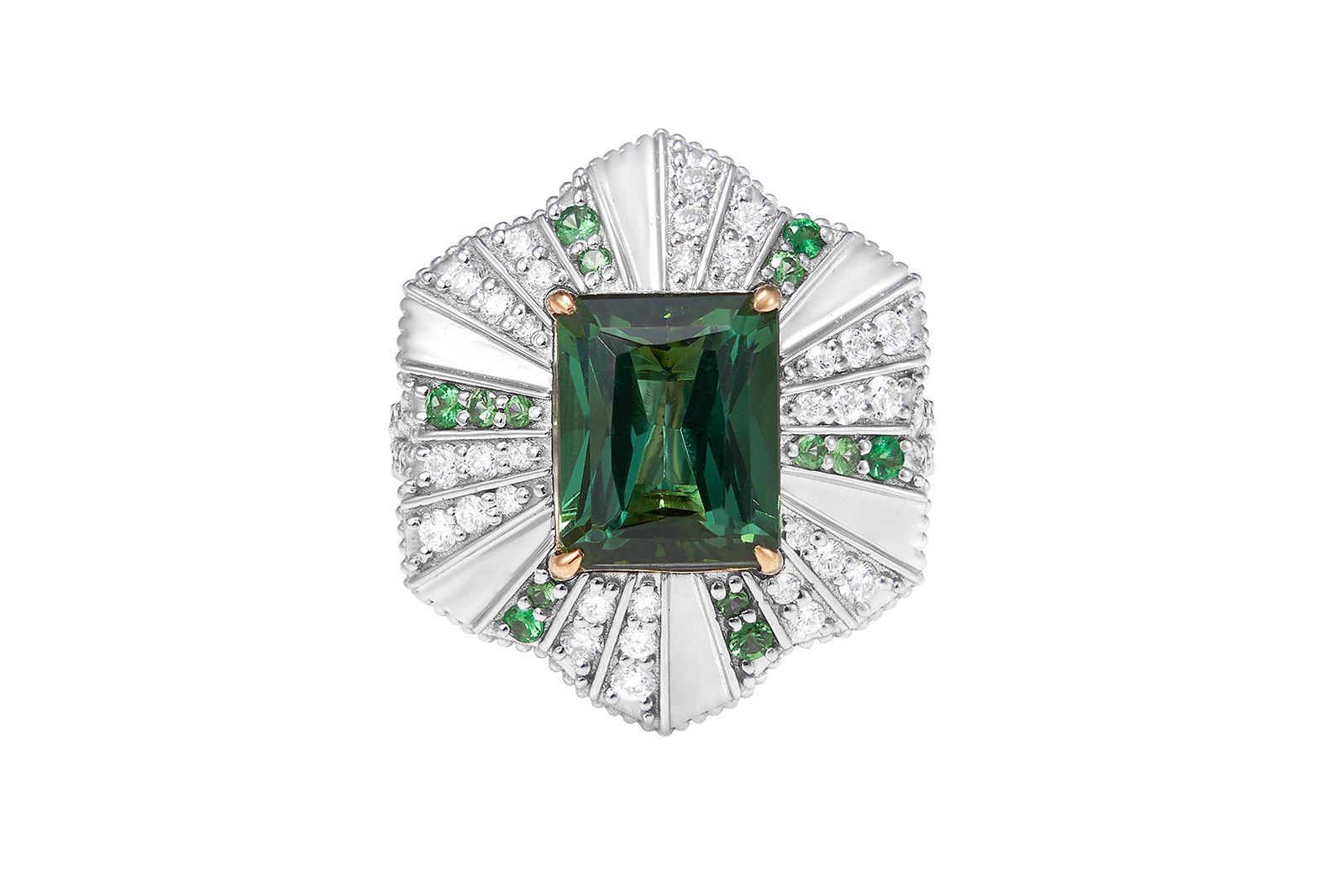  Sunita Nahata ring with a 3.70 carat green tourmaline, tsavorites, mother of pearl and diamonds in 18k white and yellow gold from the Mystic Green Tourmaline collection
