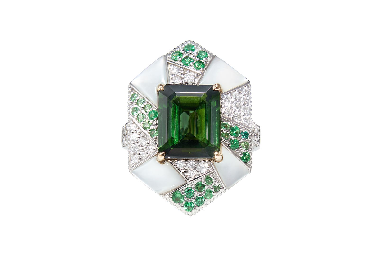  Sunita Nahata ring with a 3.94 carat green tourmaline, tsavorites, mother of pearl and diamonds in 18k white and yellow gold from the Mystic Green Tourmaline collection