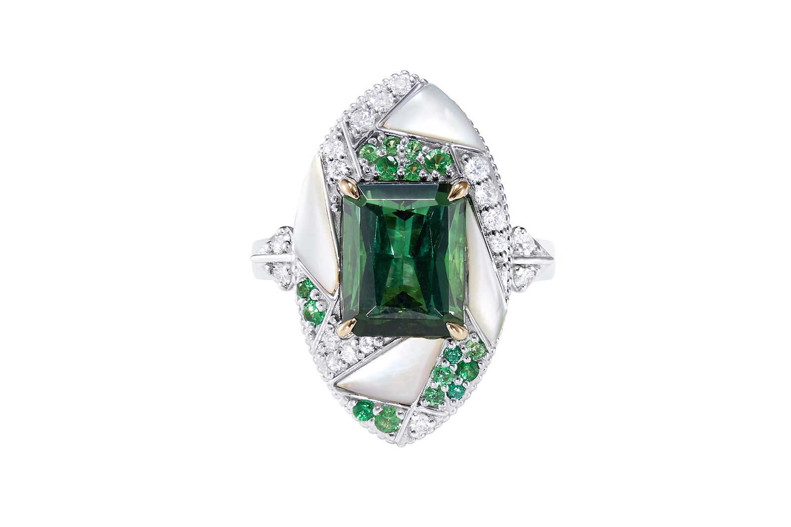  Sunita Nahata ring with a 3.94 carat green tourmaline, tsavorites, mother of pearl and diamonds in 18k white and yellow gold from the Mystic Green Tourmaline collection