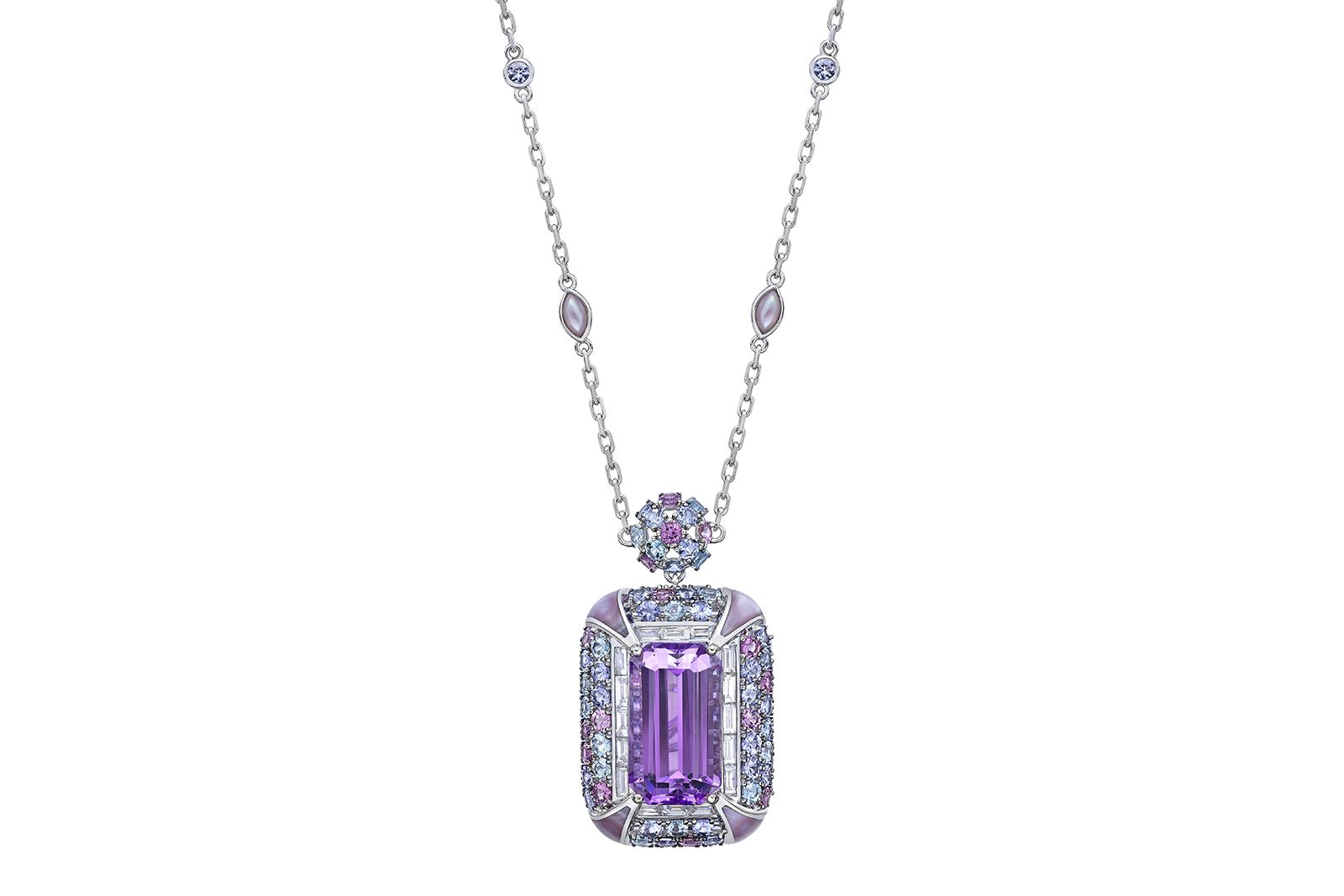 Sunita Nahata Cherry Blossom necklace with a 25.1 carat kunzite, aquamarine, tanzanite, pink tourmaline, mother of pearl and diamonds in 18k white gold from the Cherry Blossom collection