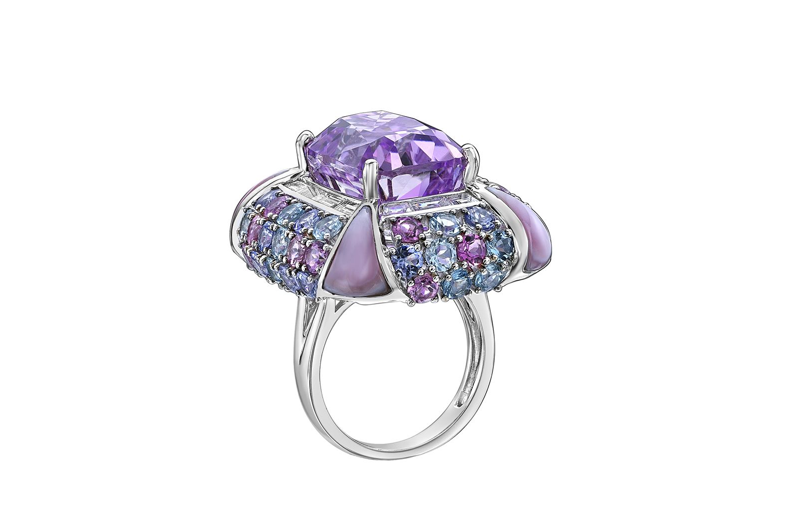  Sunita Nahata Cherry Blossom cocktail ring with a 25.1 carat kunzite, aquamarine, tanzanite, pink tourmaline, pink mother of pearl and diamonds in 18k white gold from the Cherry Blossom collection