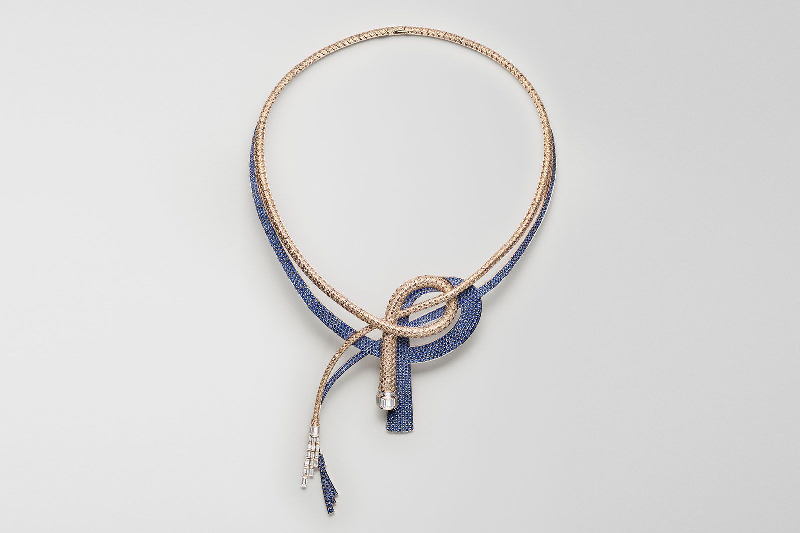 Hermès Fouet ombré necklace in rose gold with pavé-set brown diamonds, baguette-cut diamonds and a shadow of blue sapphires from the Les Jeux de l'ombre High Jewellery collection