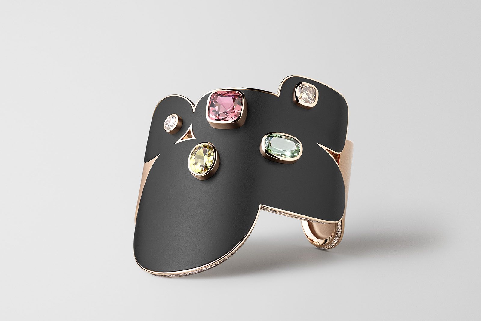 Hermès Ombres mobiles bracelet in rose gold with green and pink tourmalines, brown diamonds, further diamonds, yellow chrysoberyl and a black satin-finish titanium shadow from the Les Jeux de l'ombre High Jewellery collection