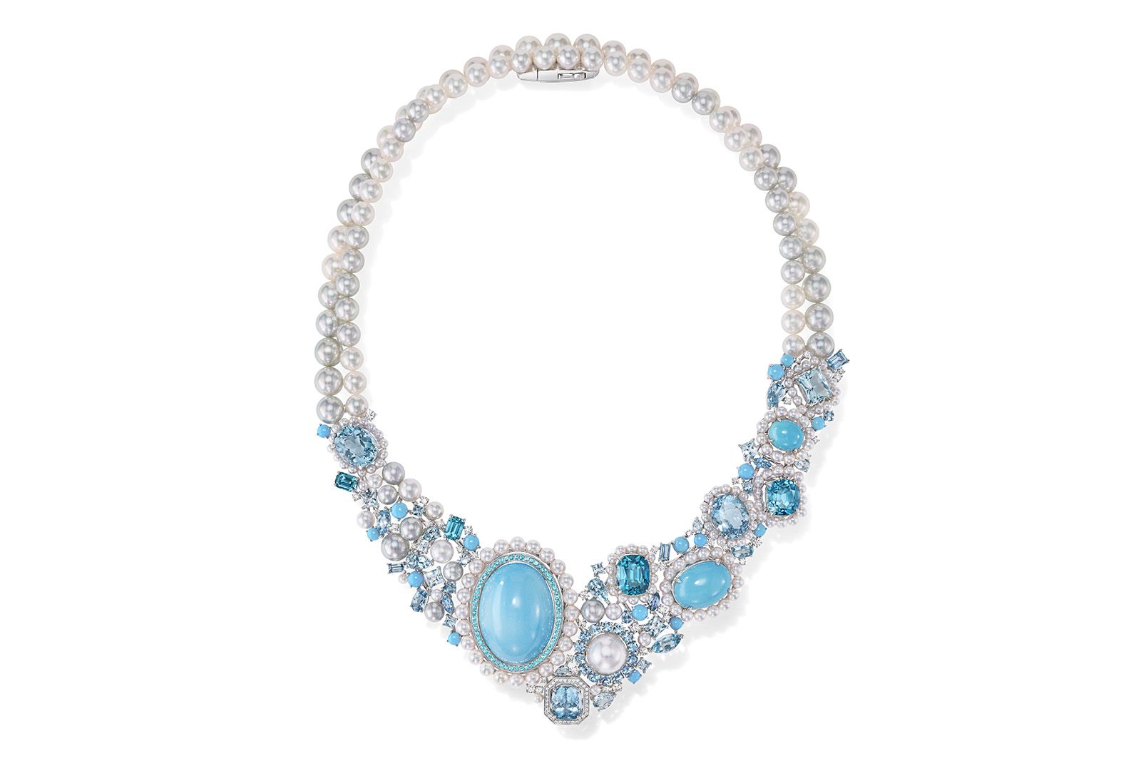 Tasaki Atelier Radiant necklace from the Radiant Sky collection with Akoya pearls, South Sea pearls, diamonds, turquoise, aquamarine, blue zircon and Paraiba tourmaline in white gold