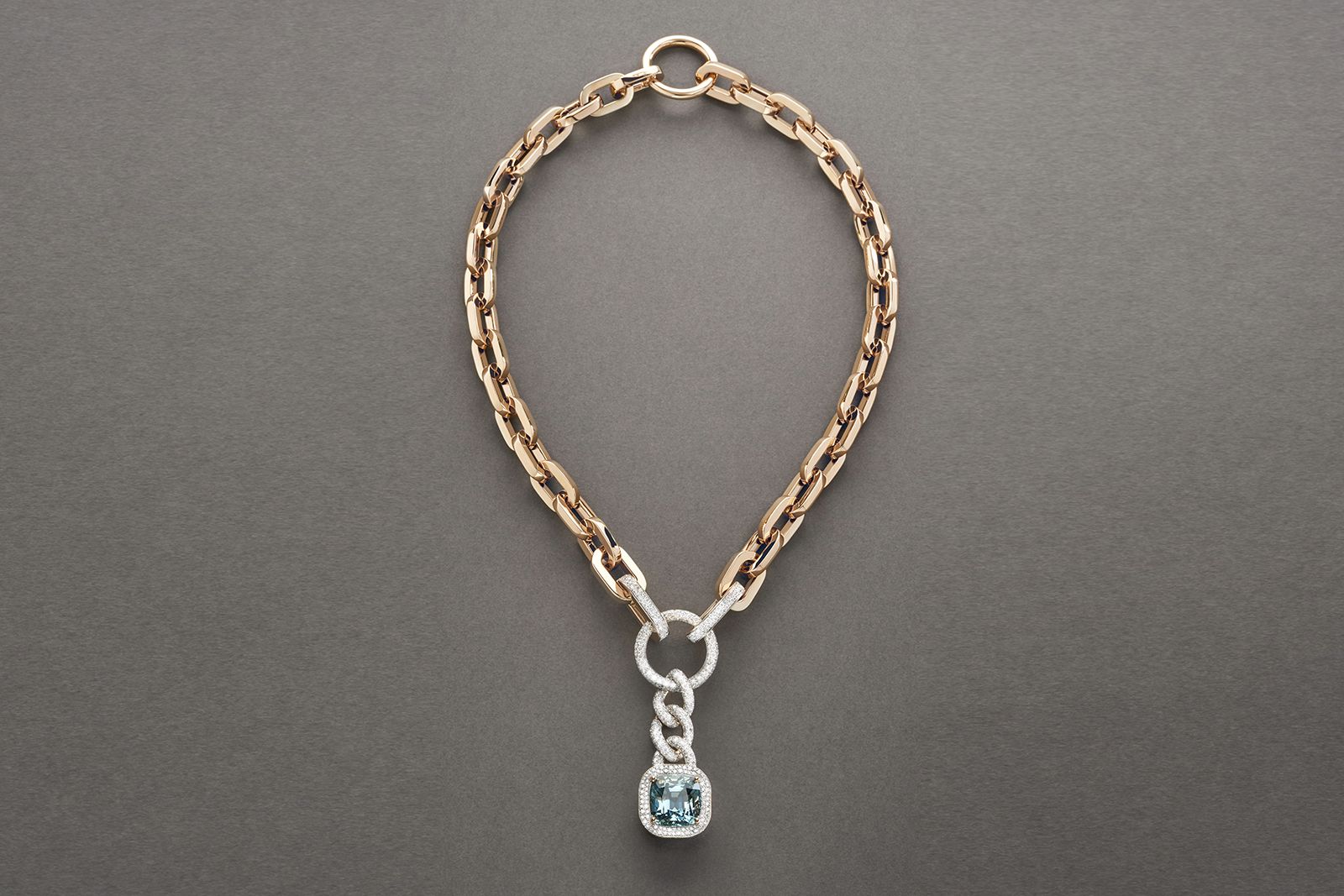  Pomellato Princess The Rapper Acqua necklace with a 15.65 carat aquamarine, diamonds and 18k rose gold from the La Gioia di Pomellato High Jewellery collection
