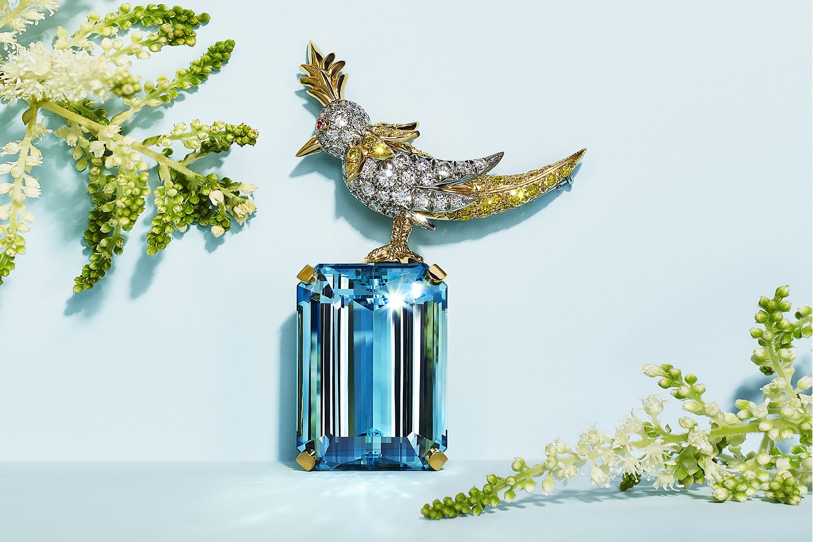Tiffany & Co. Bird on a Rock brooch with an aquamarine of more than 62 carats from the 2022 Blue Book High Jewellery offering