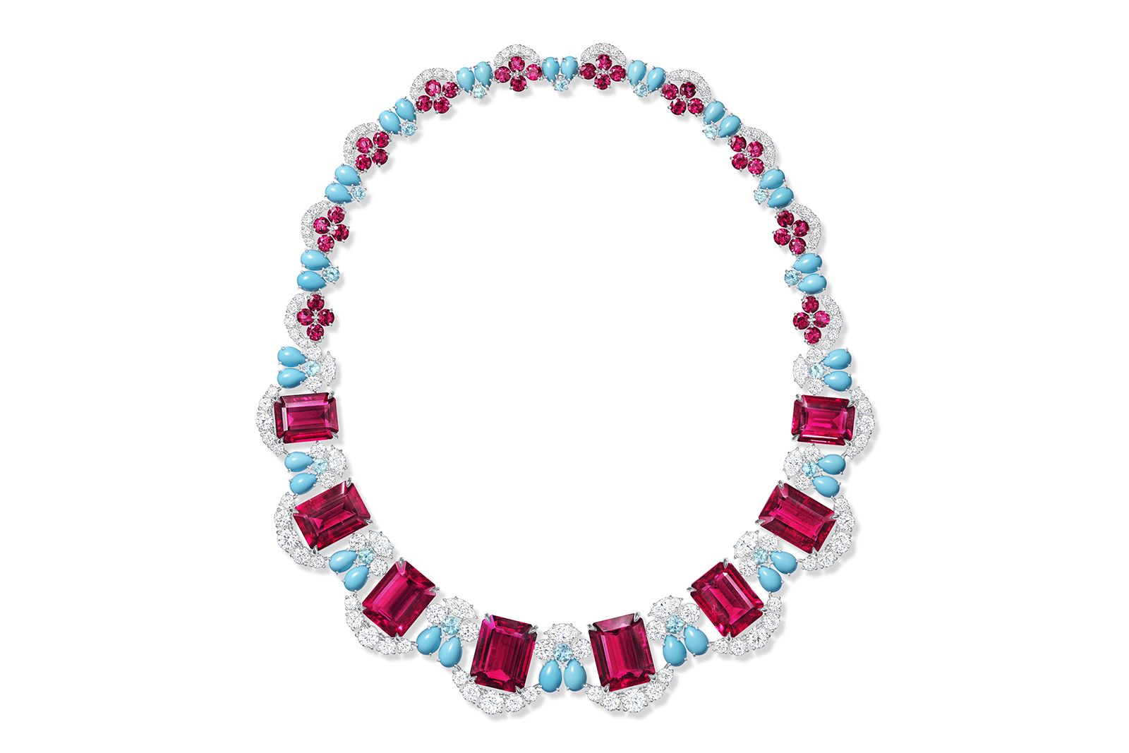 The Harry Winston Bougainvillea necklace with 144.14 carats of rubellite tourmaline, Paraiba tourmaline, turquoise and diamonds from the Majestic Escapes High Jewellery collection