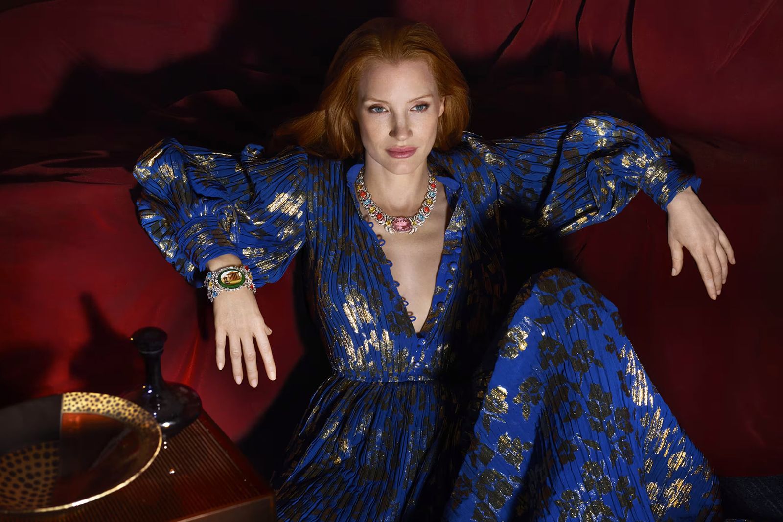 Gucci necklace worn by actress Jessica Chastain with a 67.70 carat oval-shaped morganite from the Hortus Deliciarum High Jewellery collection 