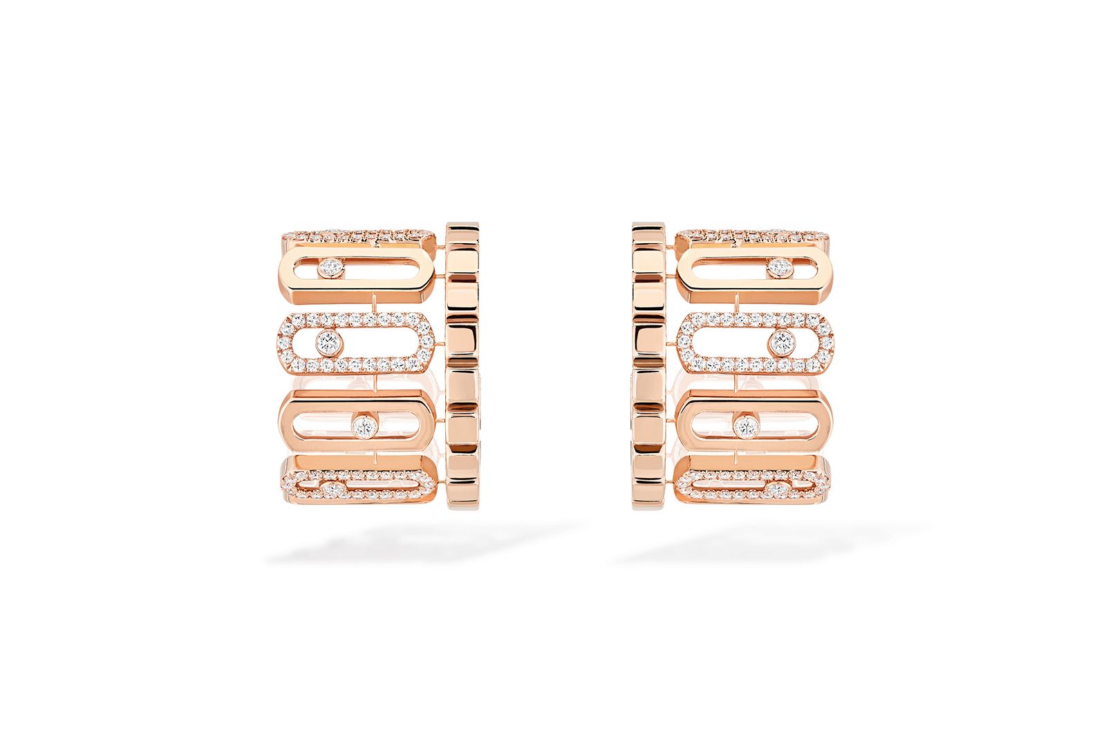  Model wearing Messika pink gold and diamond Move Iconica earrings from the Beyond the Light High Jewellery collection