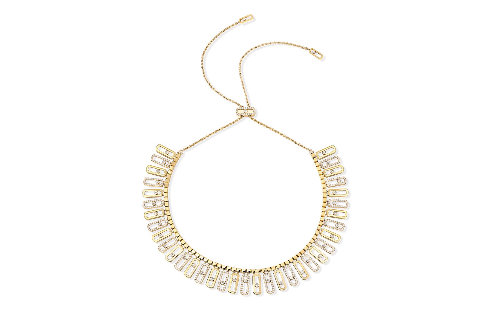  Model wearing Messika gold and diamond Move Iconica necklace from the Beyond the Light High Jewellery collection